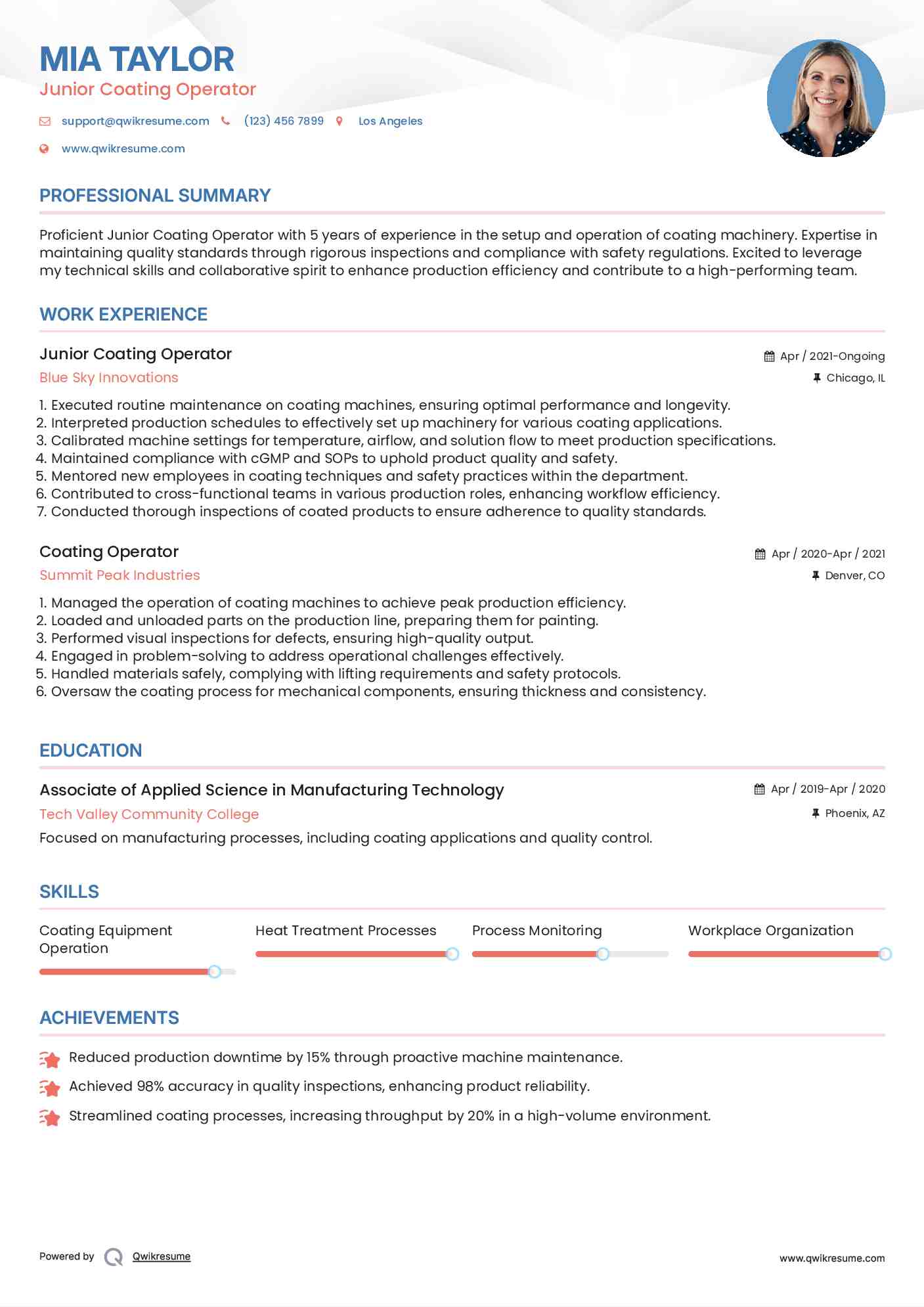 Junior Coating Operator  Resume Example