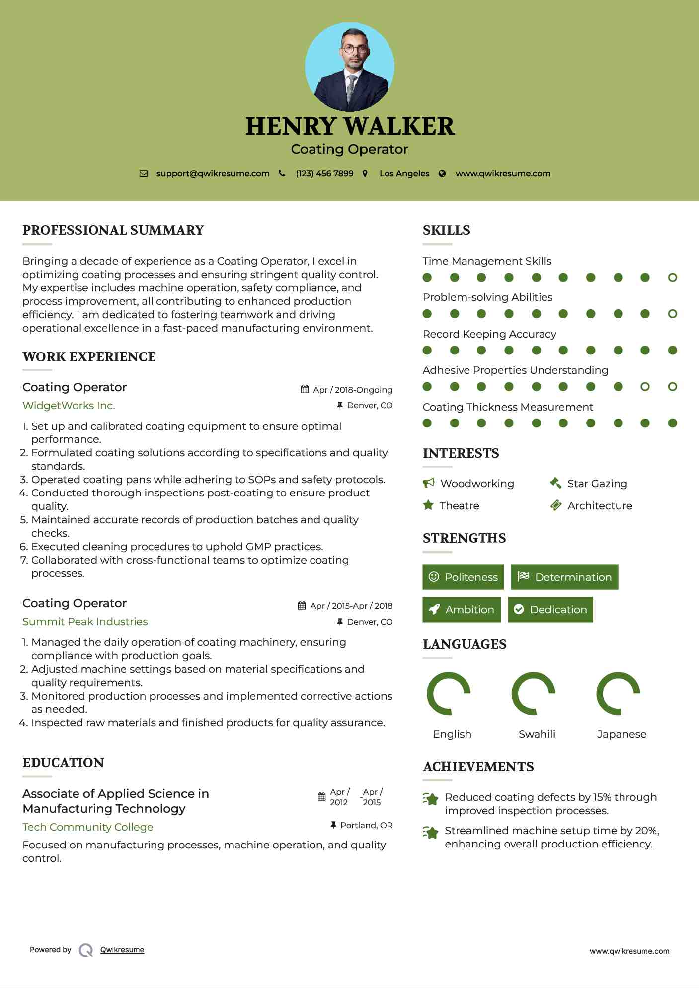Coating Operator Resume Example
