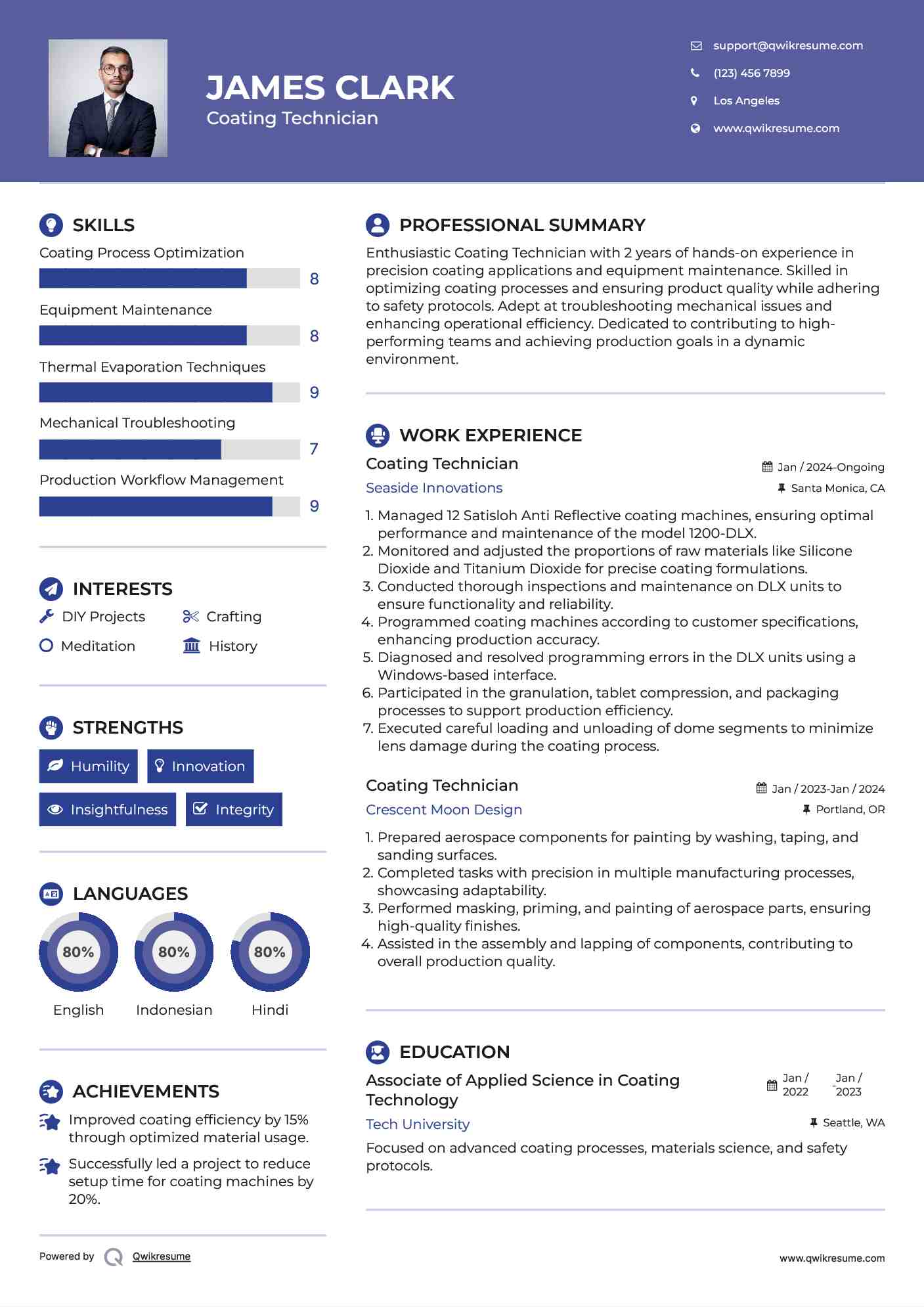 Coating Technician Resume Sample