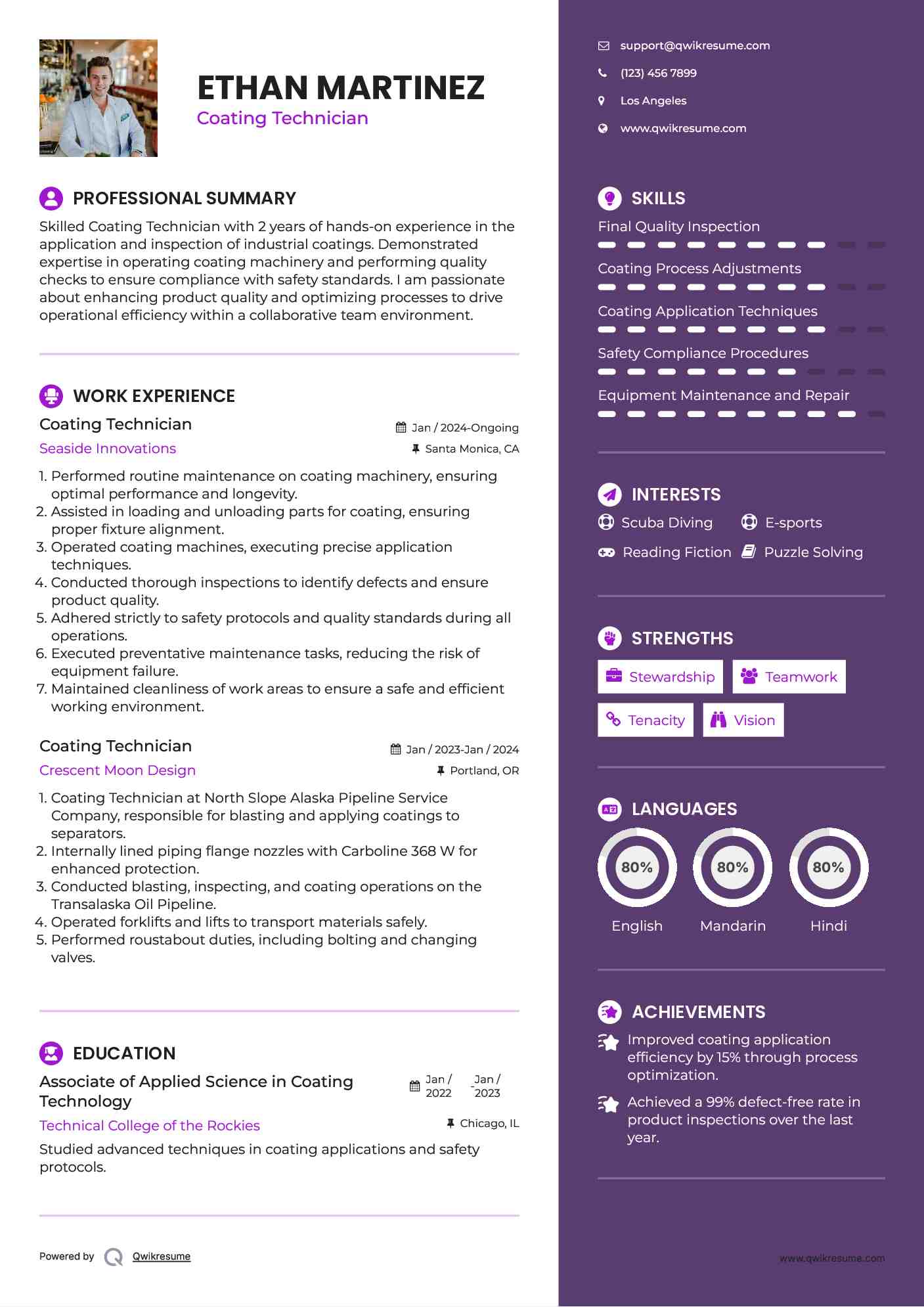 Coating Technician Resume Samples QwikResume