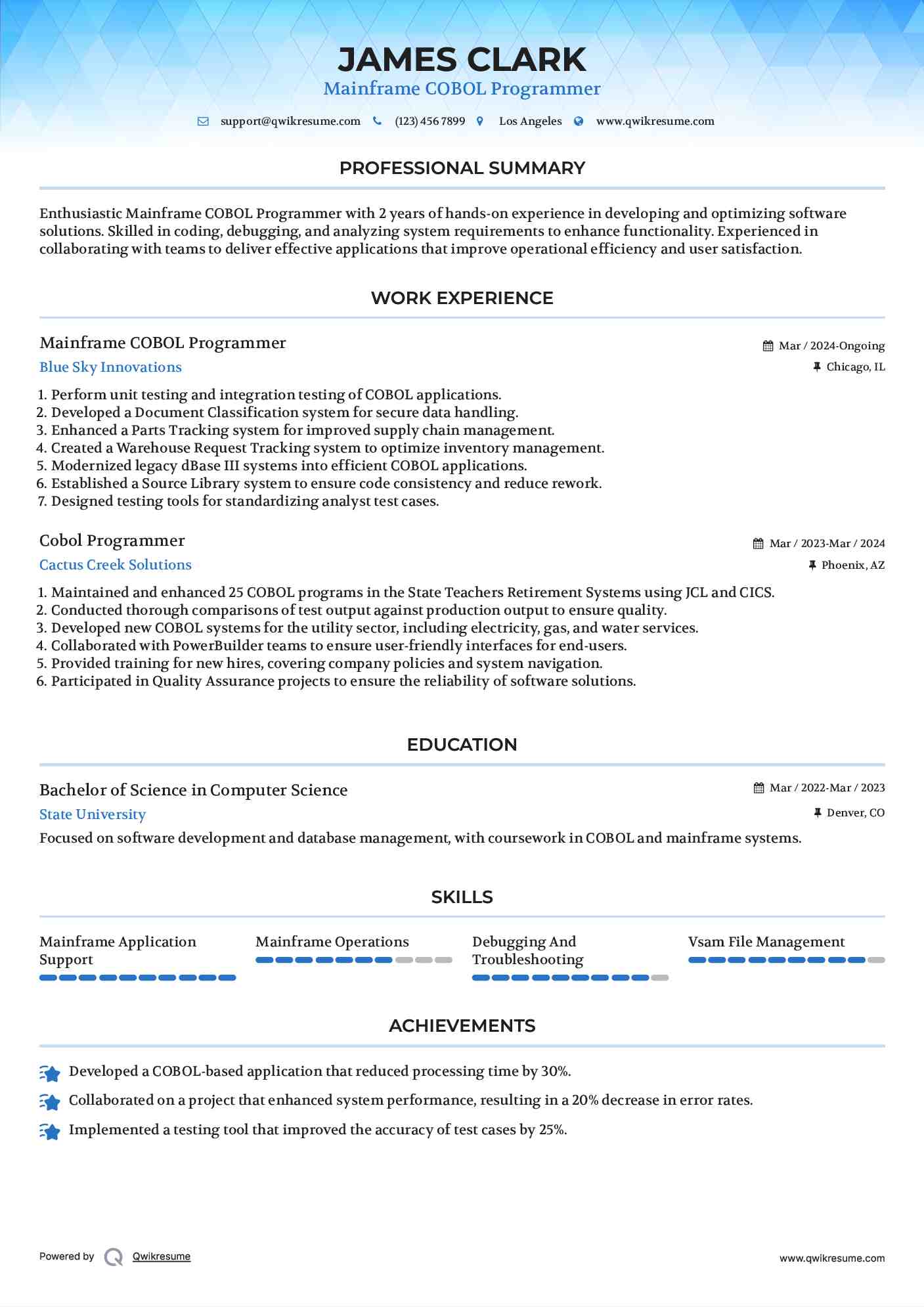 Mainframe COBOL Programmer Resume Sample