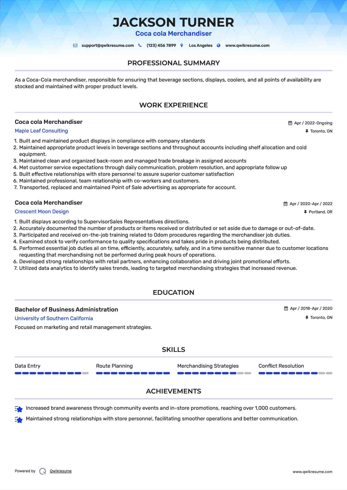 Coca cola Merchandiser Resume Model