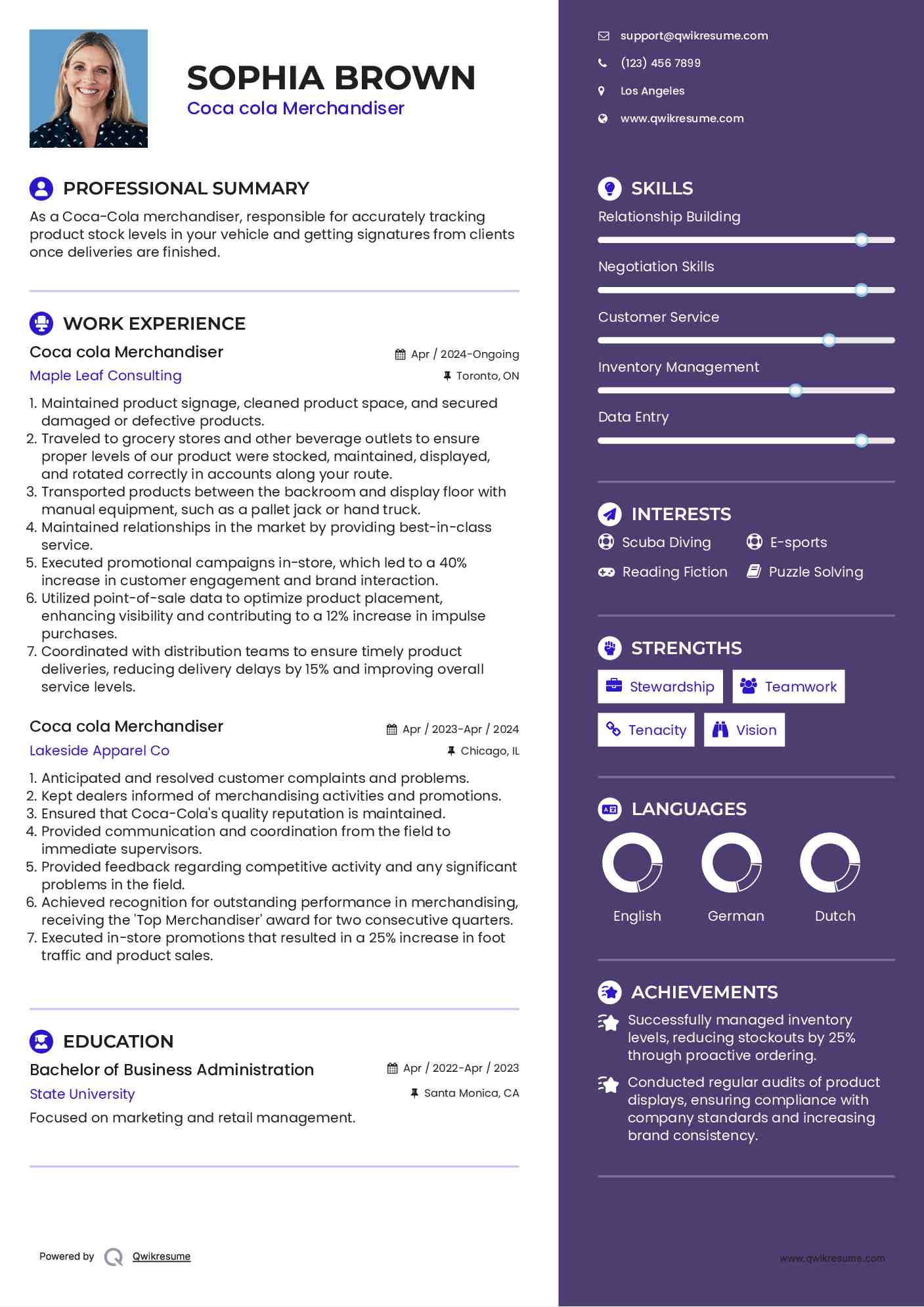 Coca cola Merchandiser Resume Format