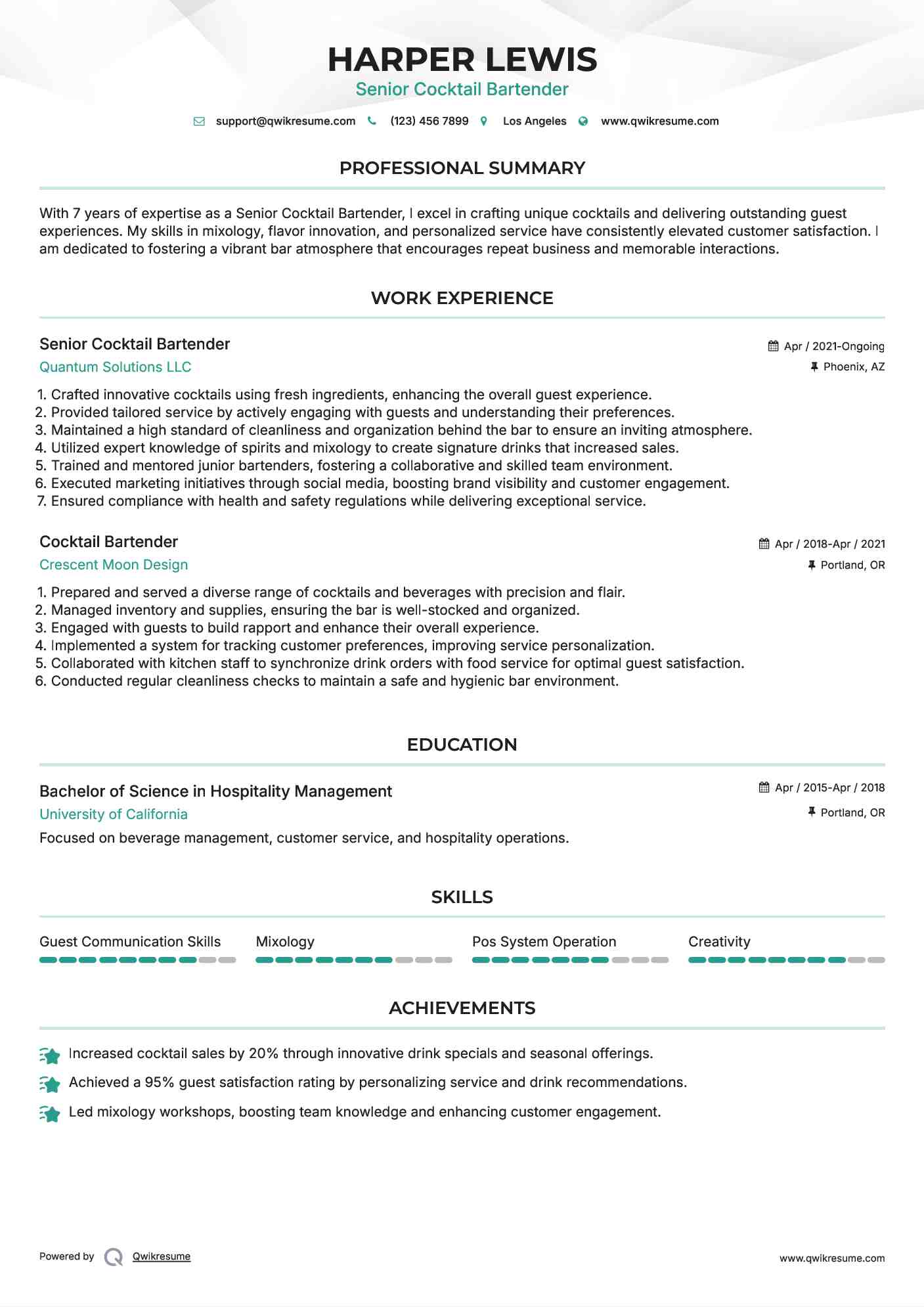 Senior Cocktail Bartender  Resume Sample