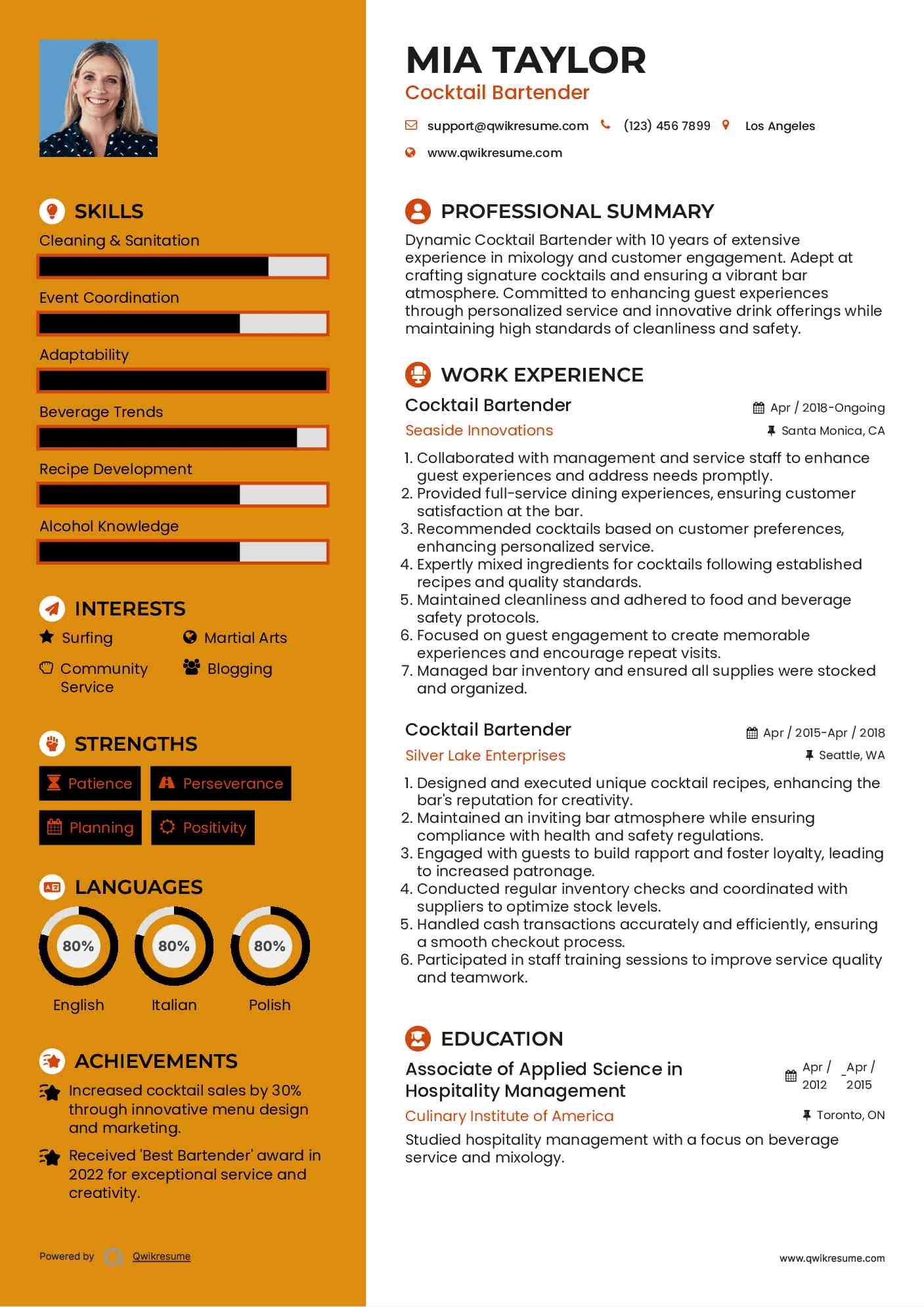 Cocktail Bartender Resume Template