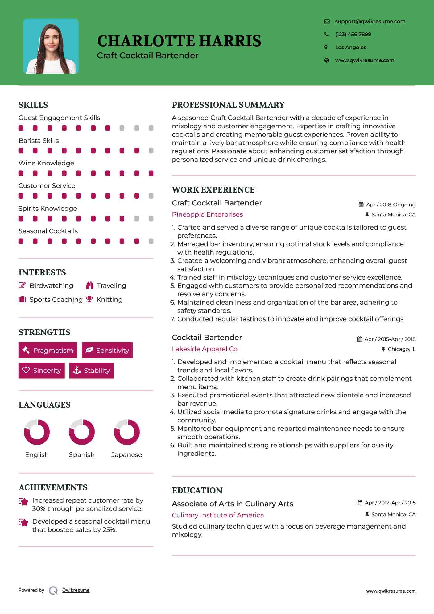 Craft Cocktail Bartender
 Resume Model