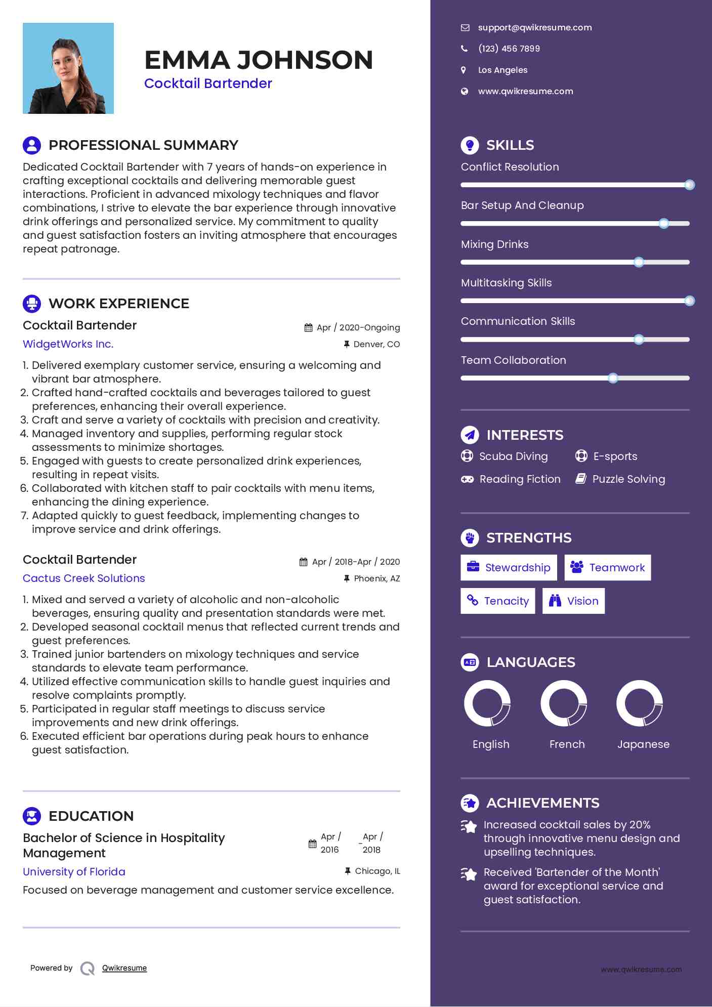 Cocktail Bartender Resume Format