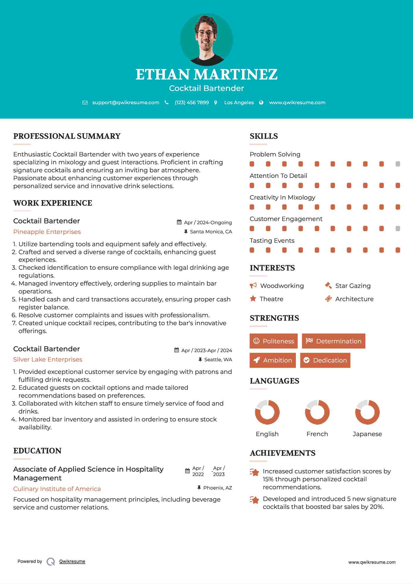 Cocktail Bartender Resume Samples | QwikResume