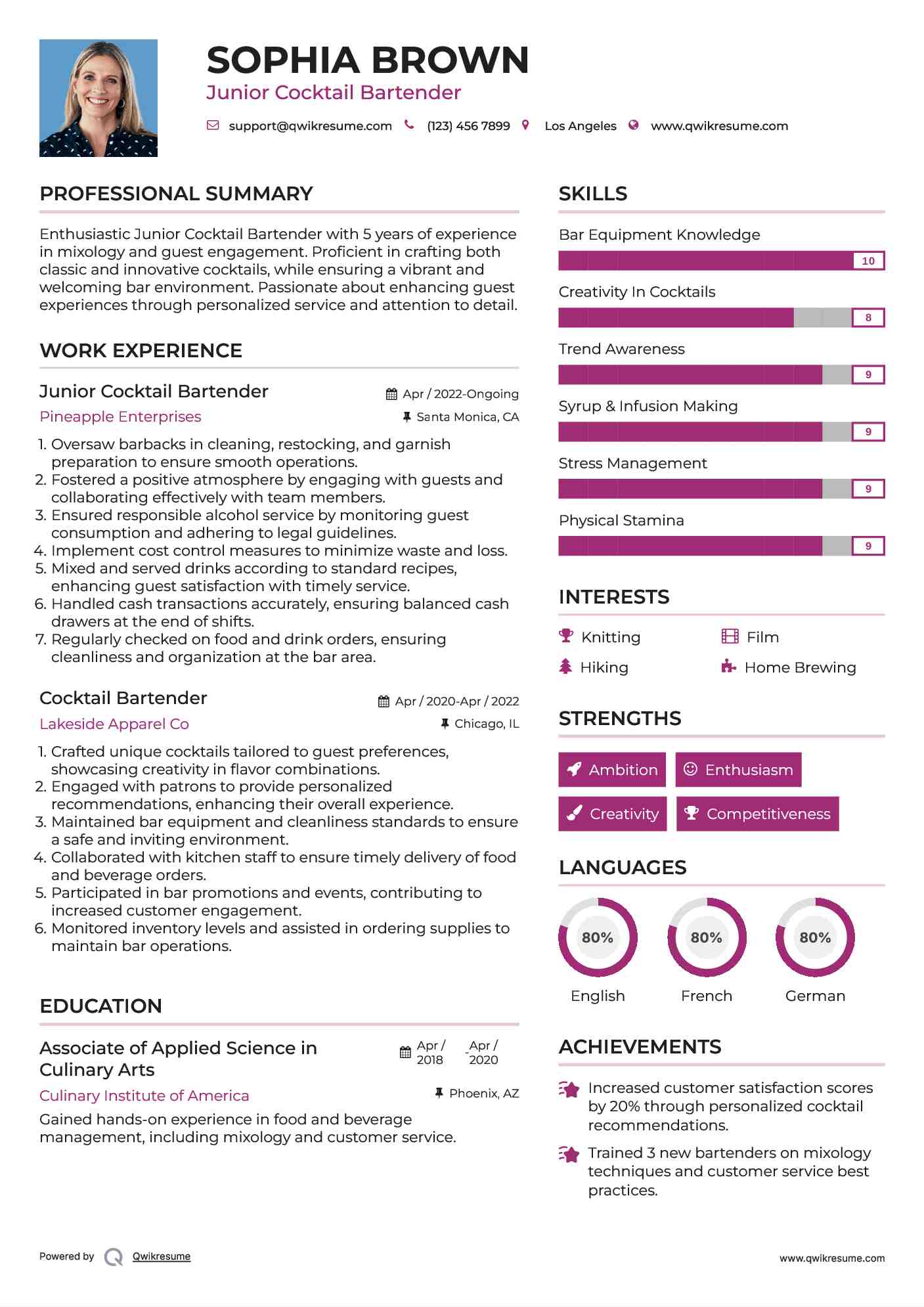 Junior Cocktail Bartender  Resume Sample