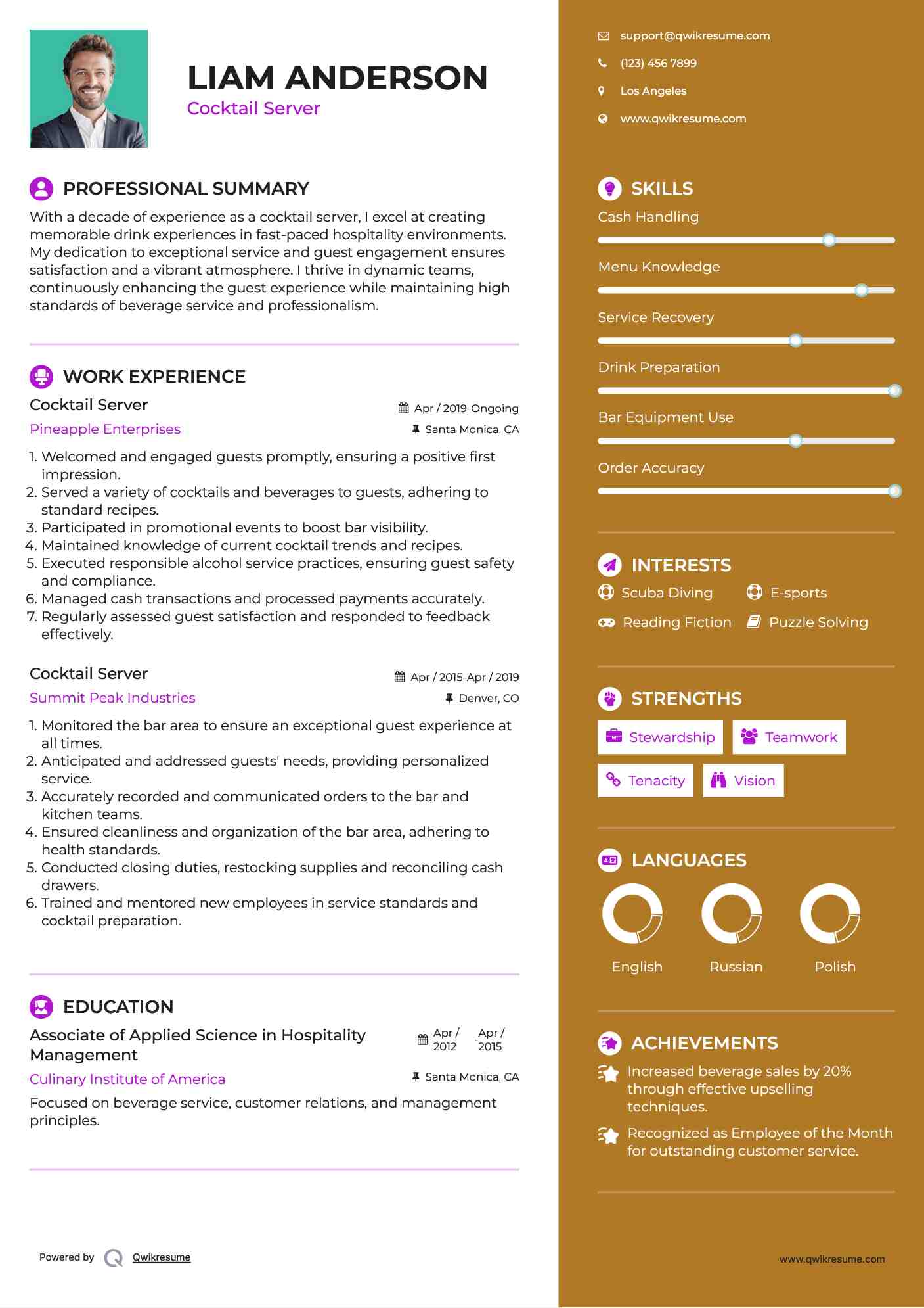 Cocktail Server Resume Example
