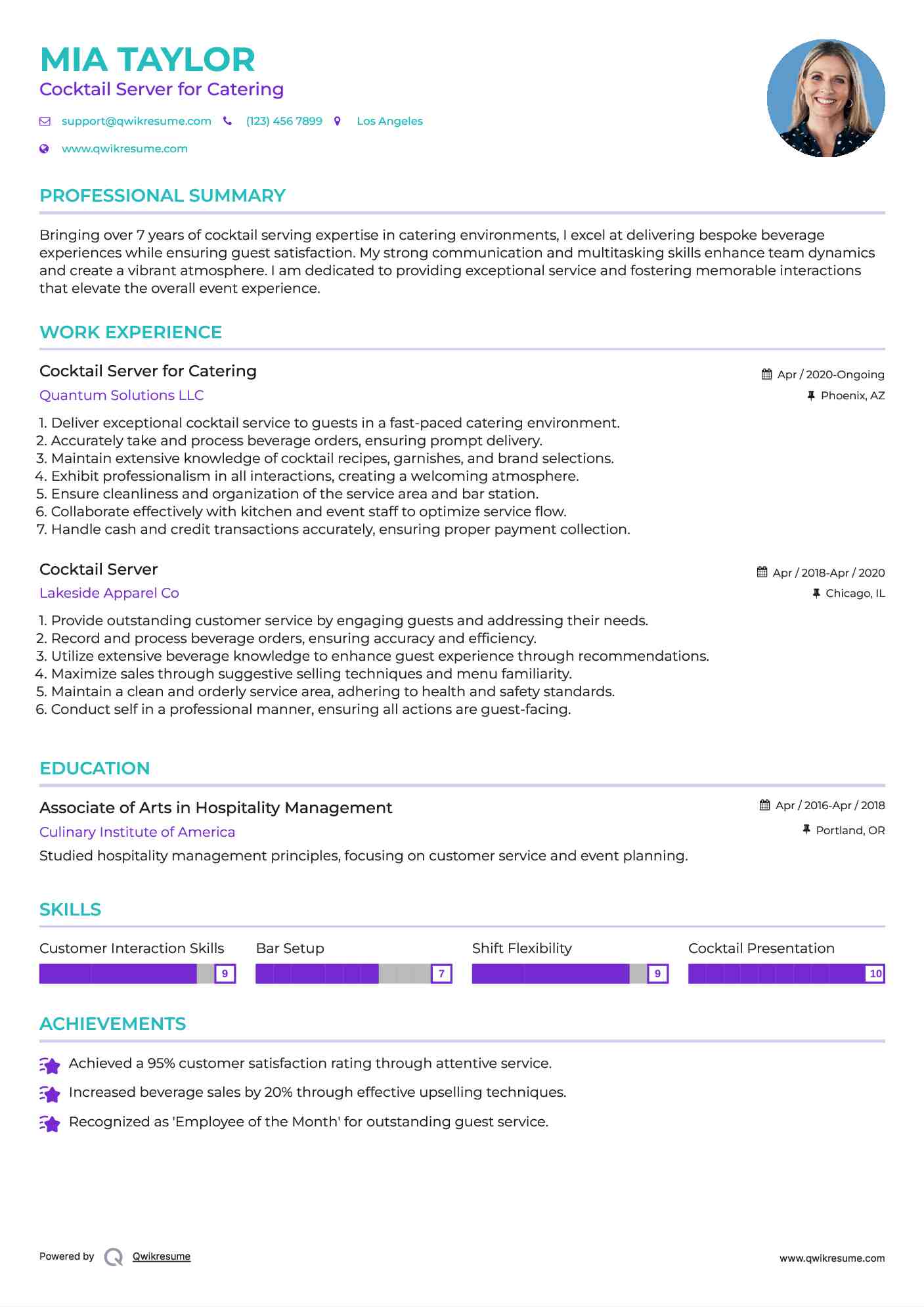Cocktail Server for Catering Resume Template