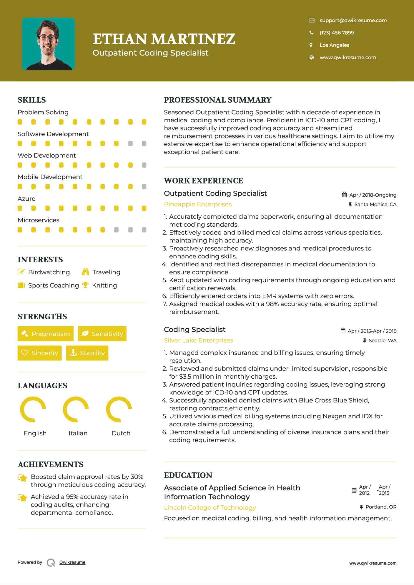Outpatient Coding Specialist Resume Example