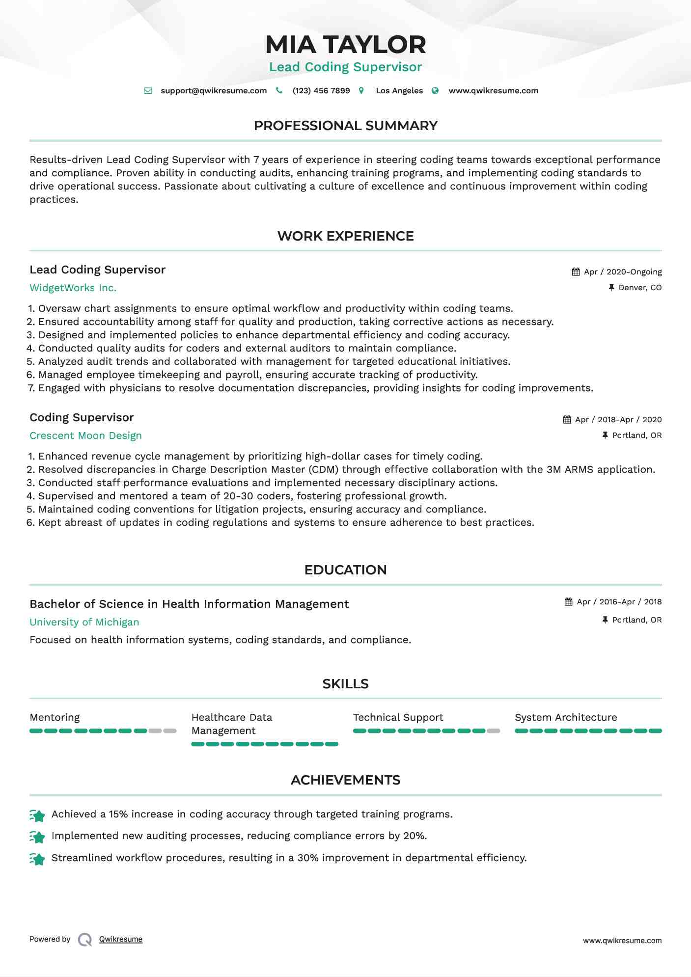 Lead Coding Supervisor Resume Example