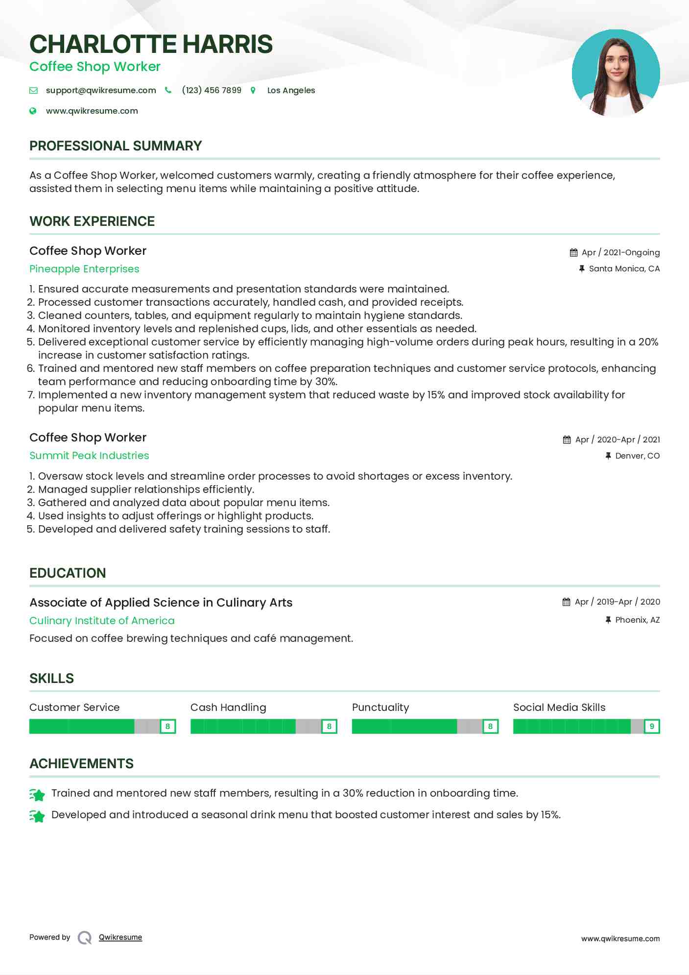 Coffee Shop Worker Resume Model