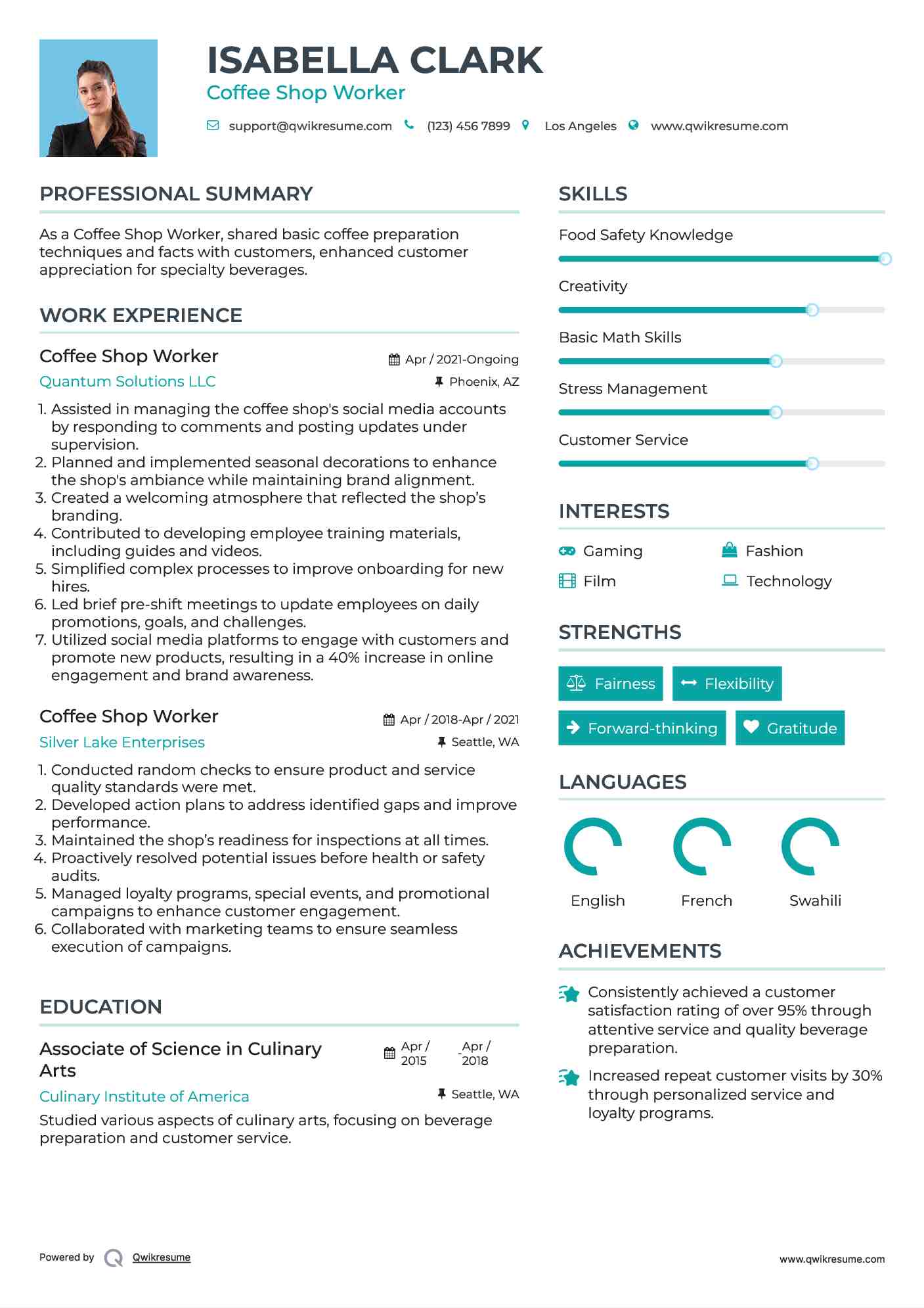 Coffee Shop Worker Resume Sample
