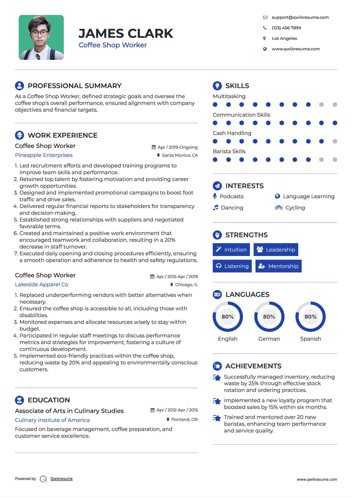 Coffee Shop Worker Resume Sample