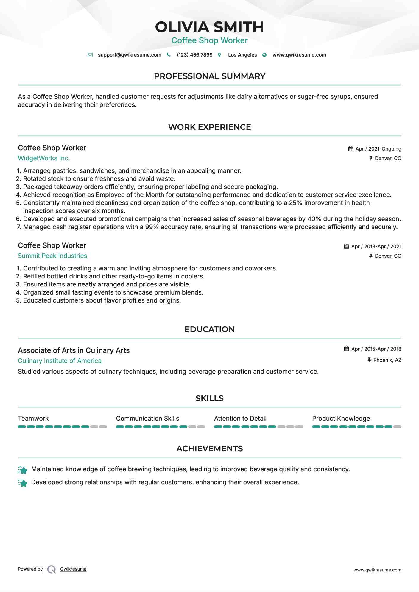 Coffee Shop Worker Resume Model