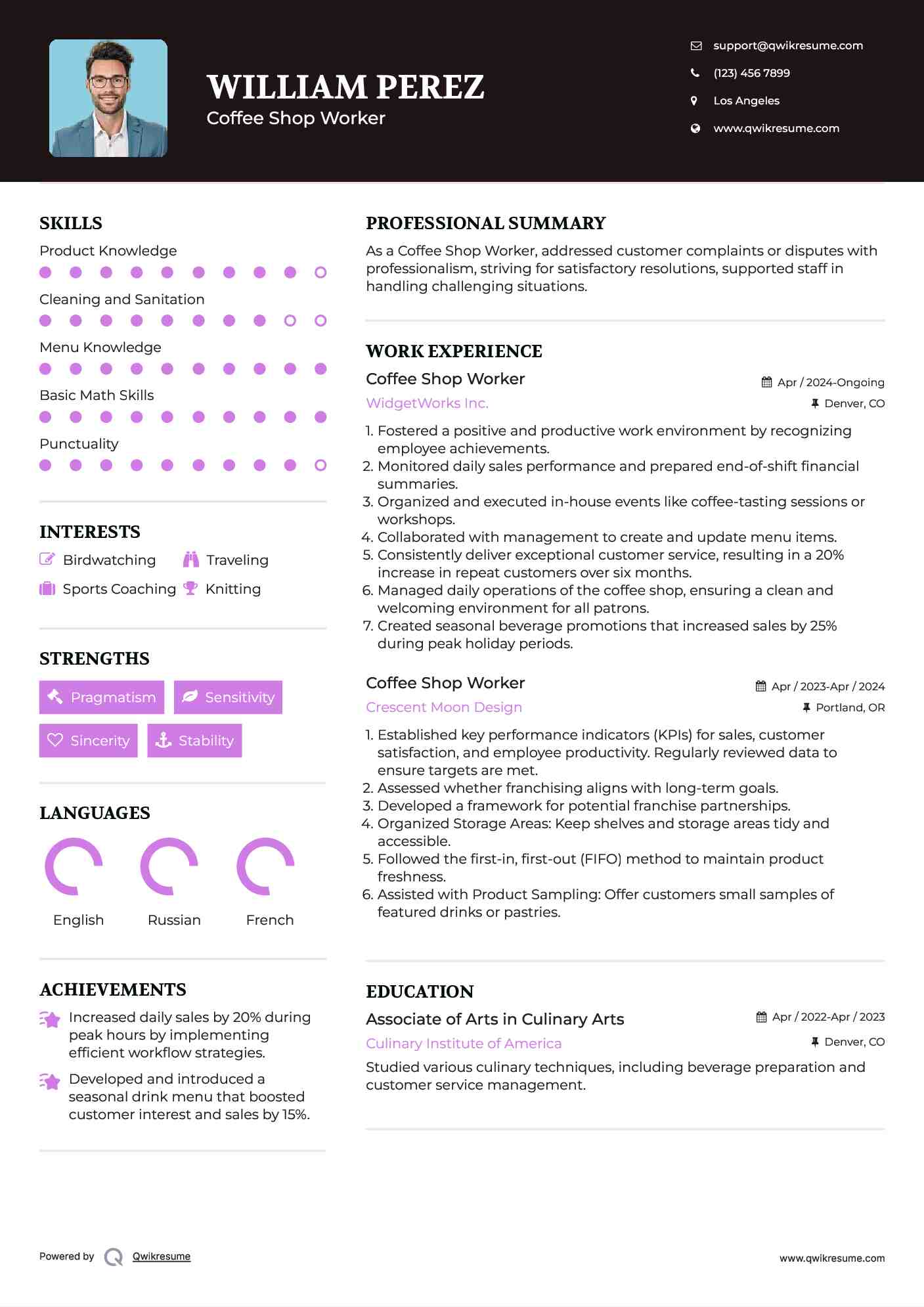 Coffee Shop Worker Resume Sample