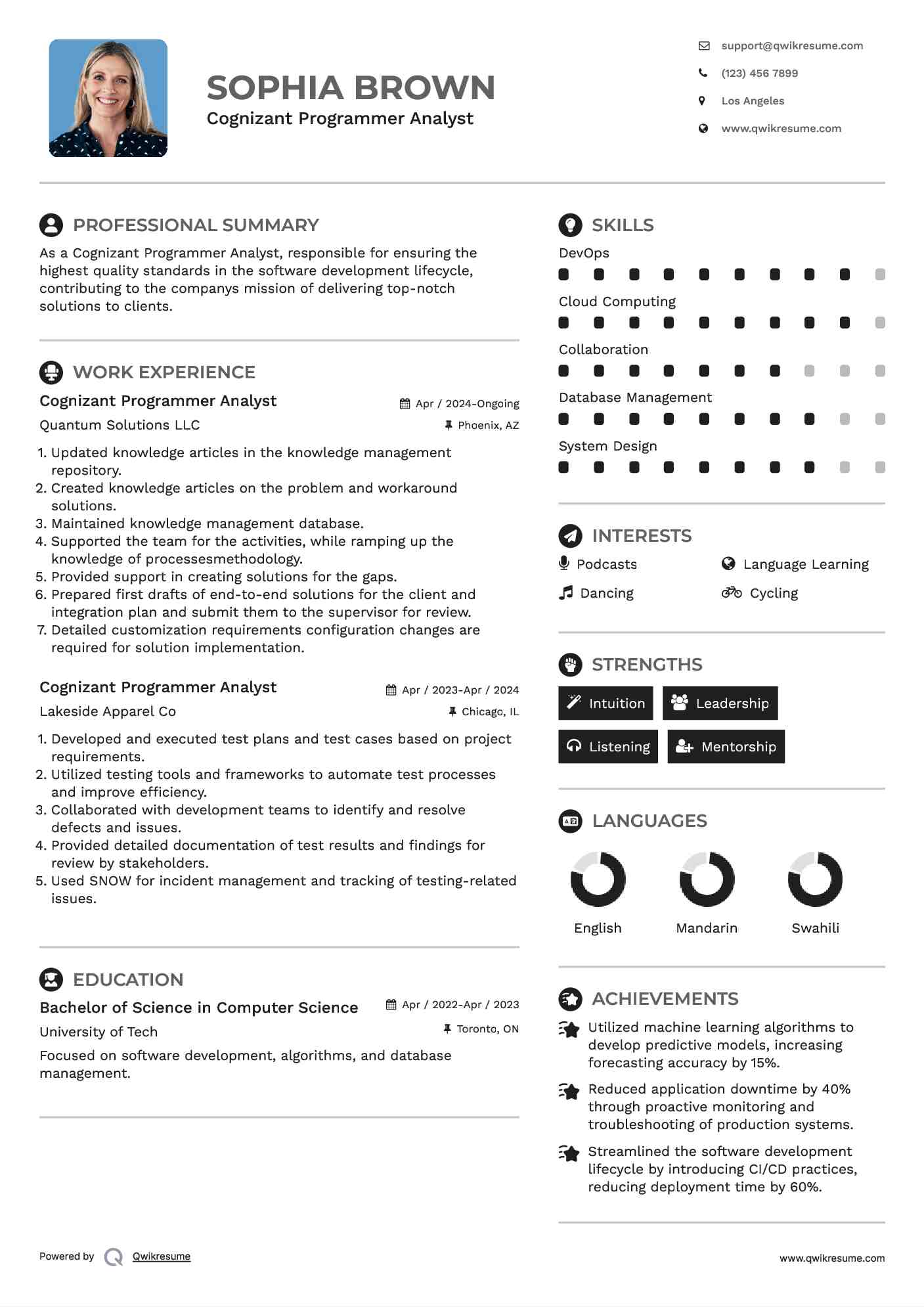 Cognizant Programmer Analyst Resume Model