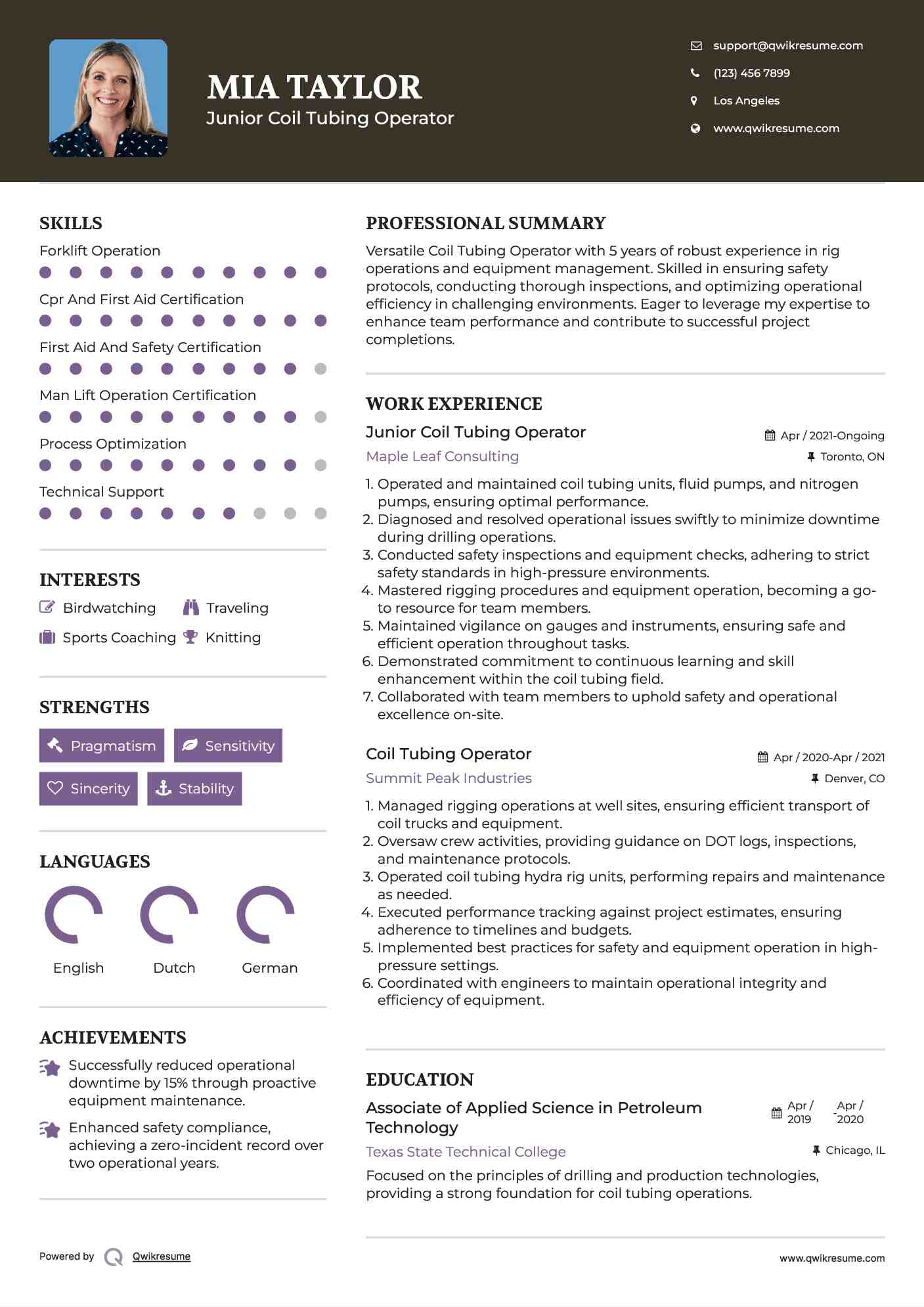 Junior Coil Tubing Operator Resume Example