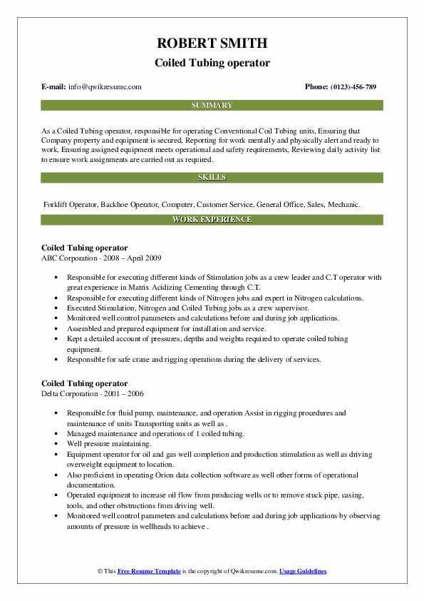 Coiled Tubing operator Resume Samples QwikResume
