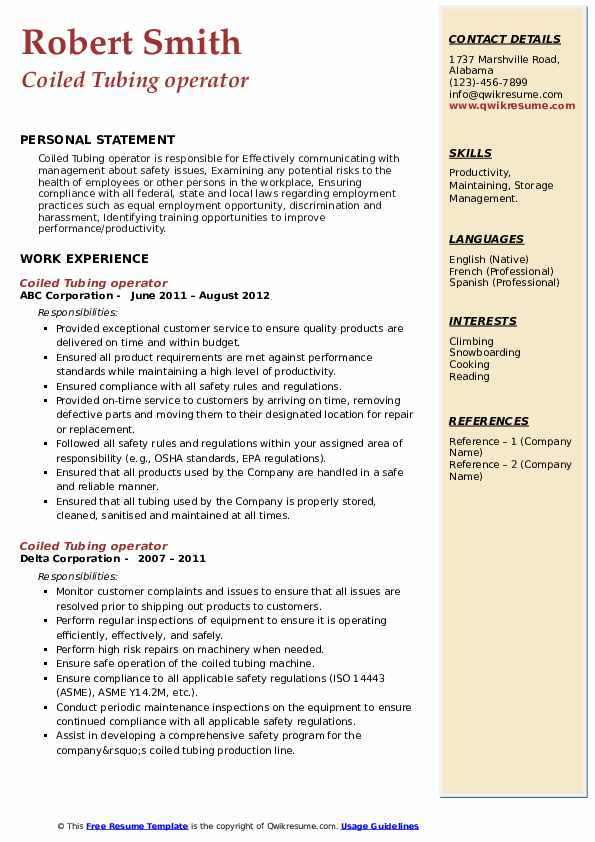 Coiled Tubing operator Resume Samples QwikResume