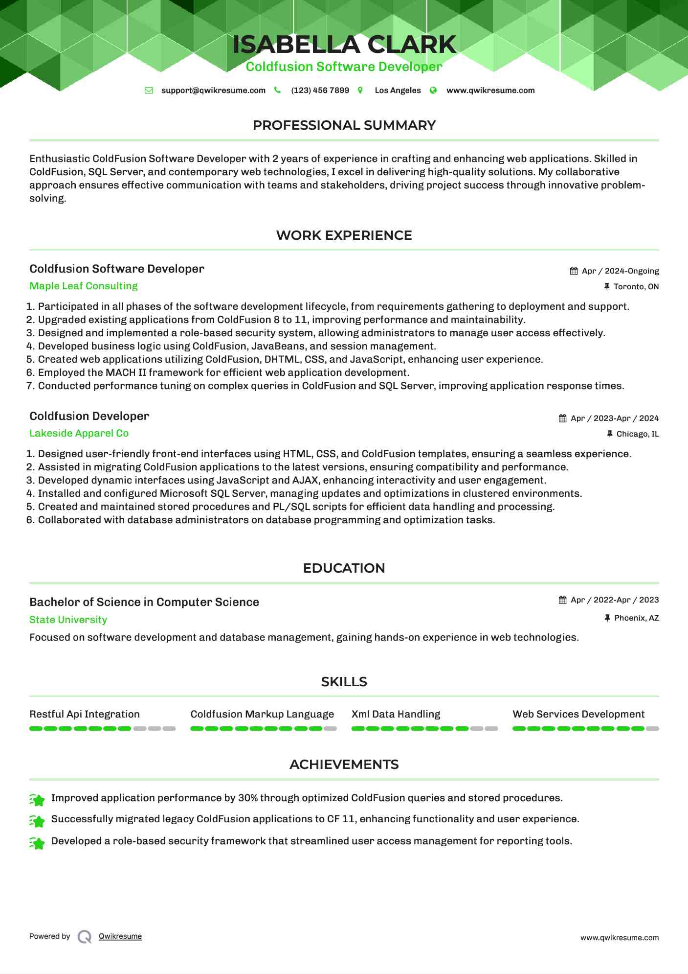 Coldfusion Software Developer Resume Sample