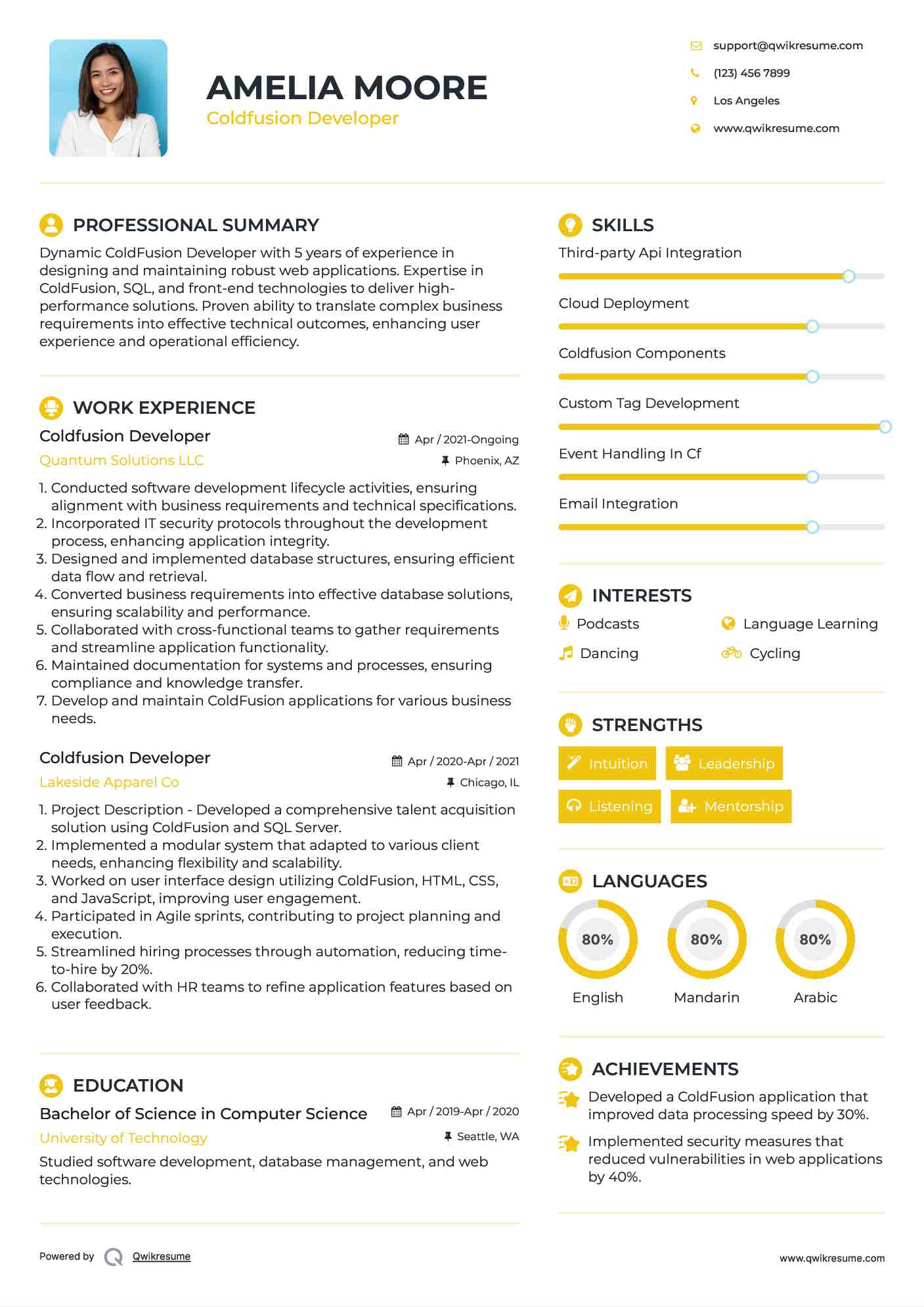 Coldfusion Developer Resume Example