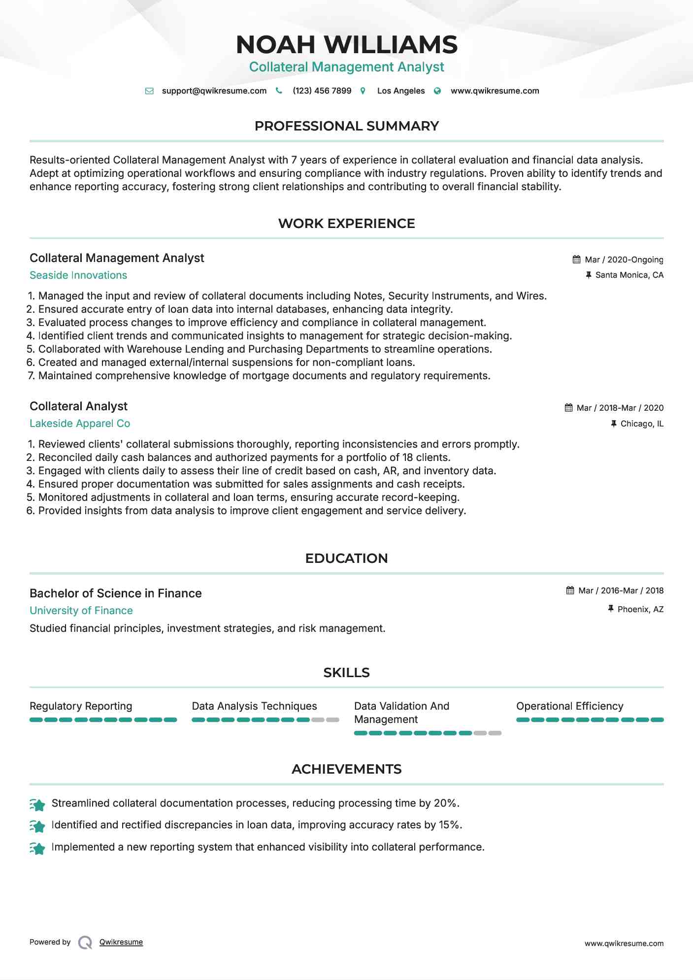 Collateral Management Analyst Resume Sample
