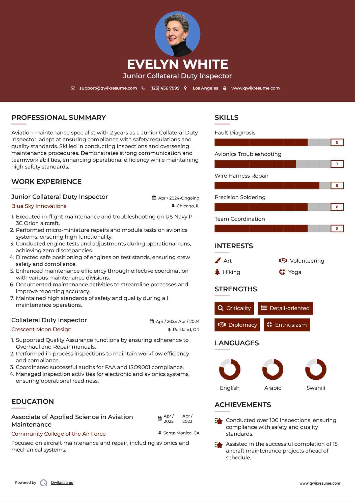 Junior Collateral Duty Inspector Resume Sample