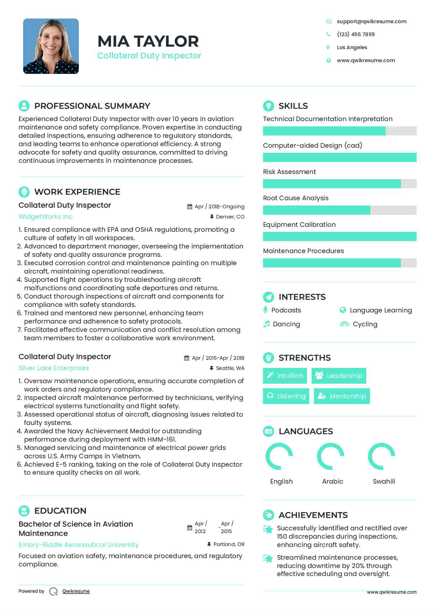 Collateral Duty Inspector Resume Example