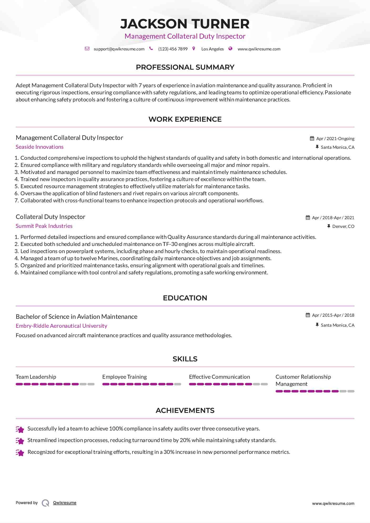 Management Collateral Duty Inspector Resume Format