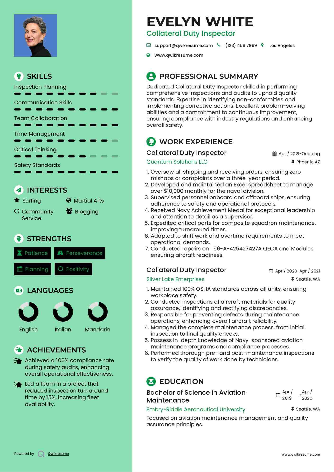 Collateral Duty Inspector Resume Example