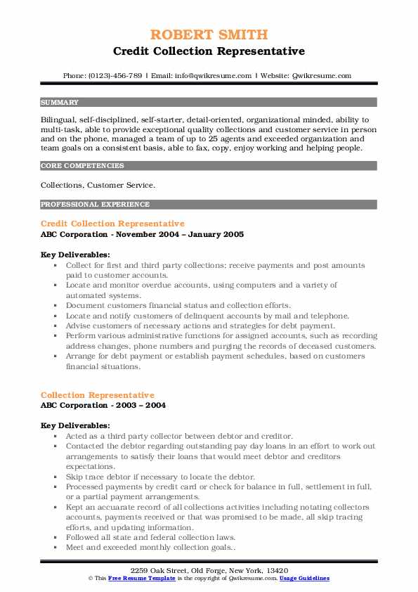 Collection Representative Resume Samples QwikResume