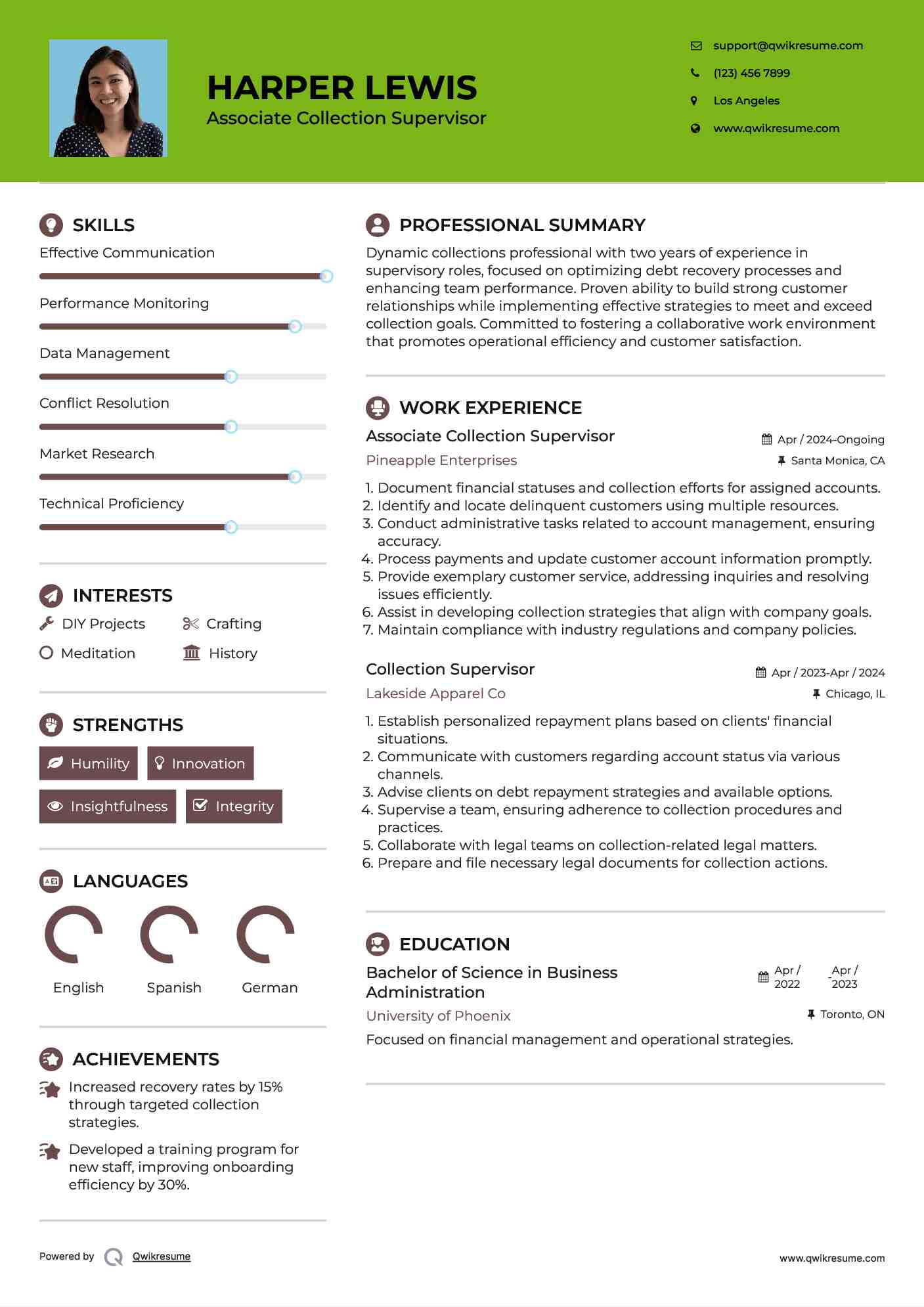 Associate Collection Supervisor  Resume Example