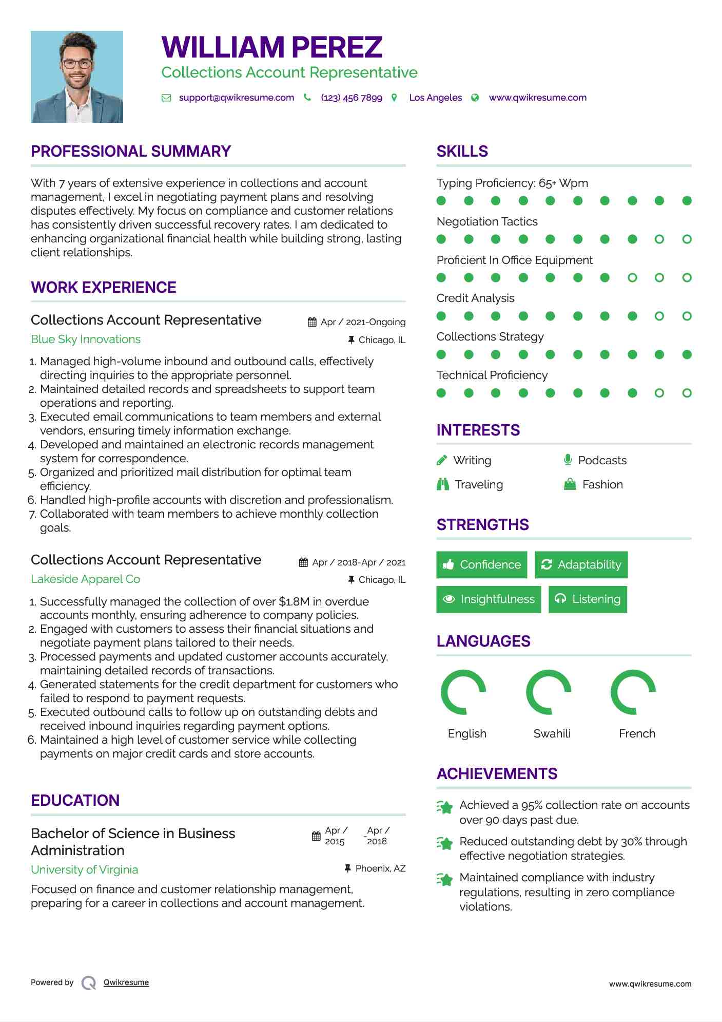 Collections Account Representative Resume Sample