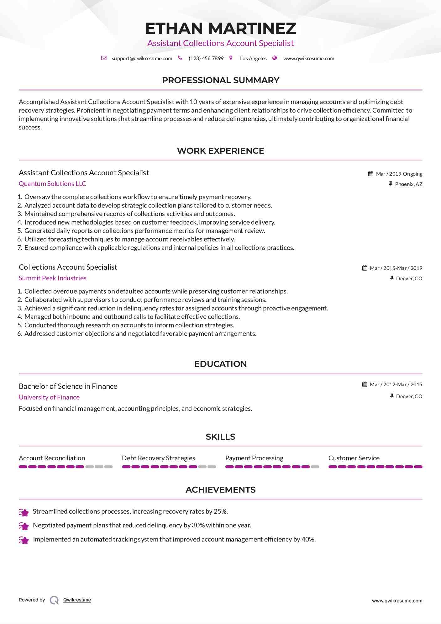 Assistant Collections Account Specialist Resume Format