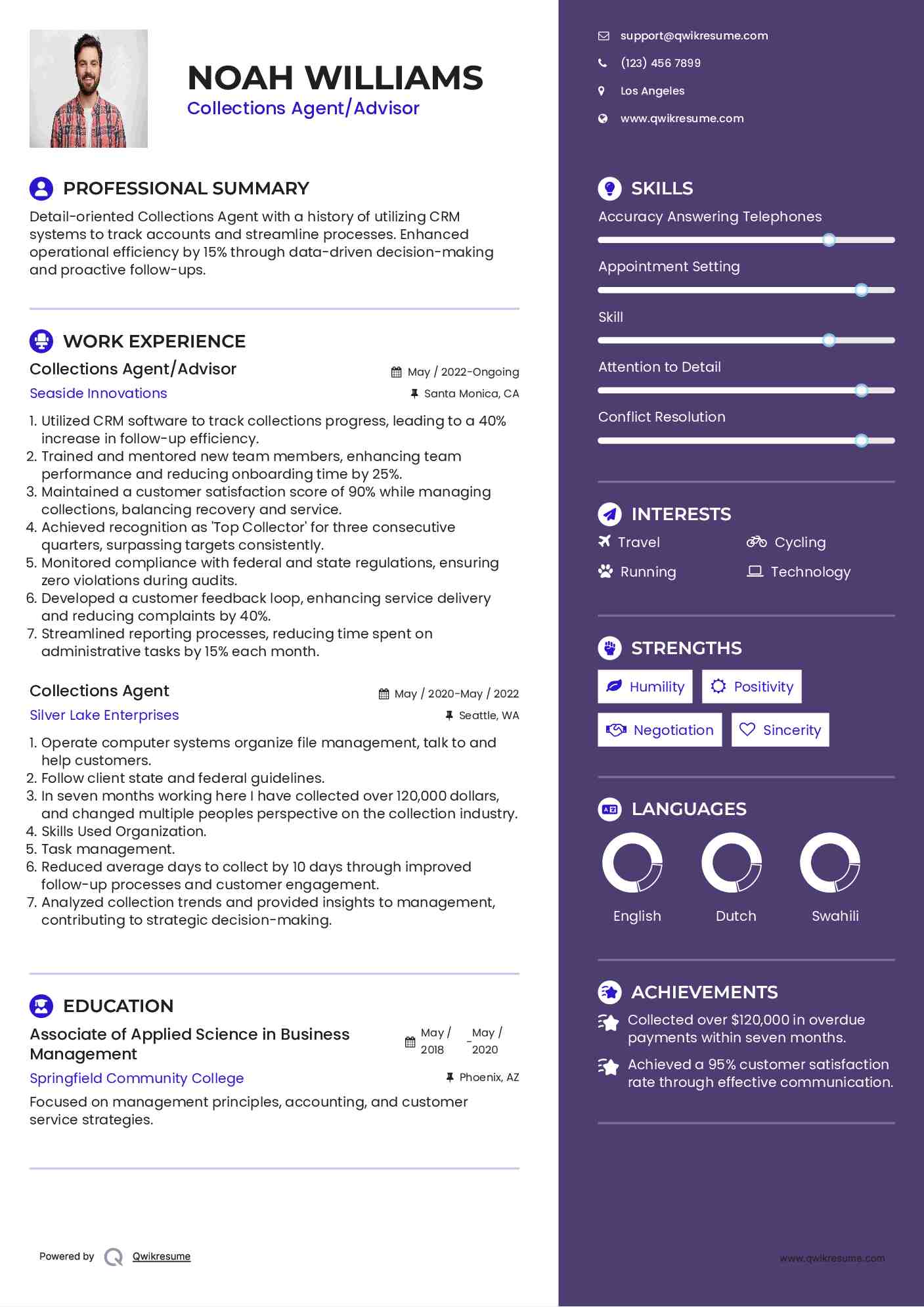 Collections Agent/Advisor Resume Sample