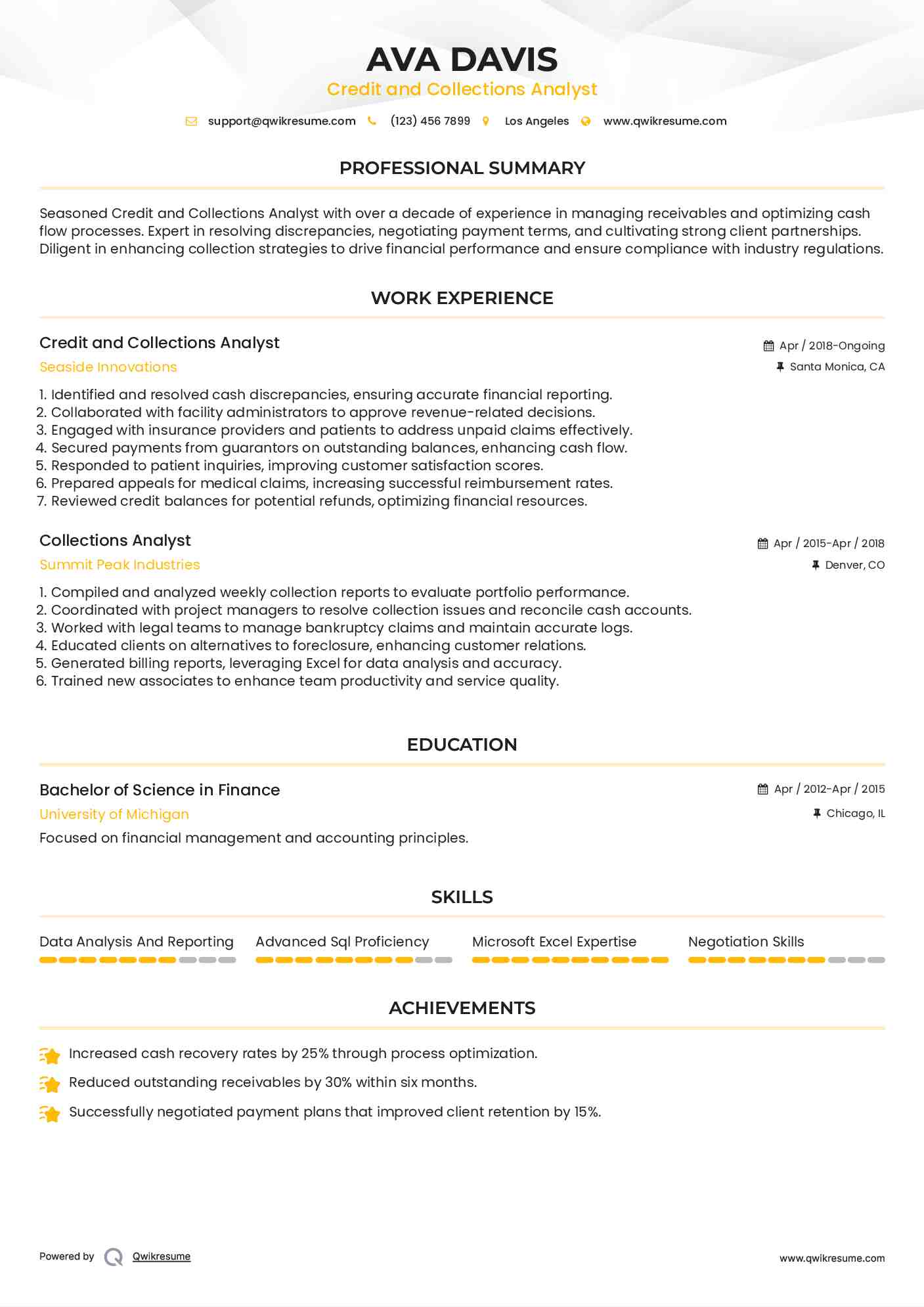 Credit and Collections Analyst Resume Template