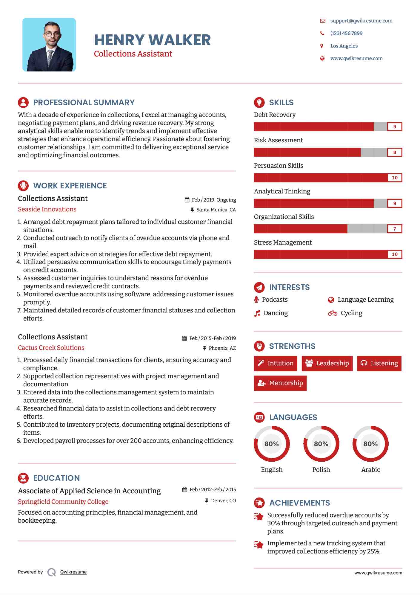 Collections Assistant Resume Model
