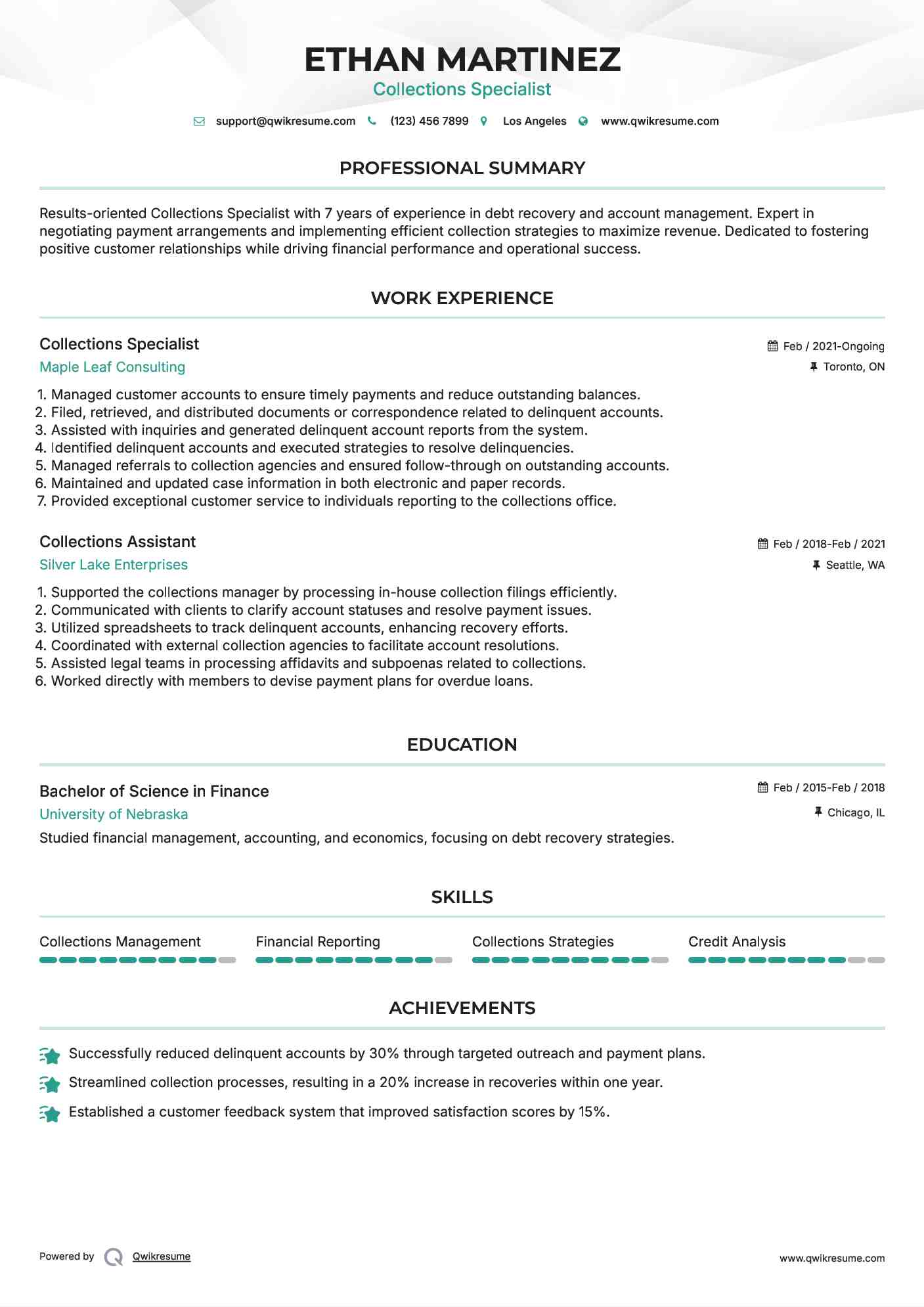 Collections Specialist Resume Sample