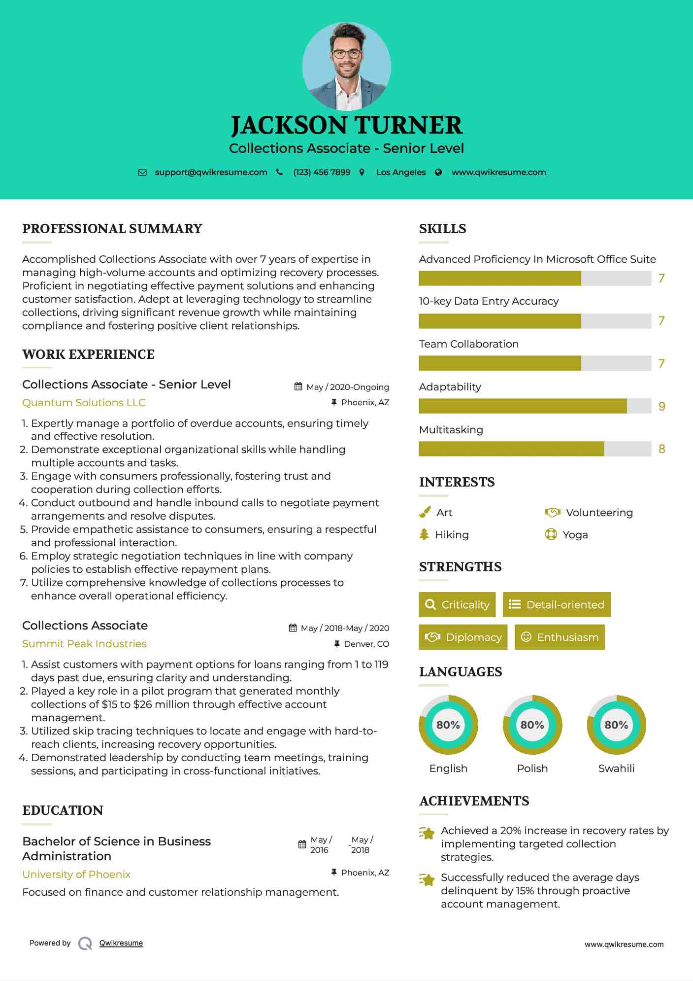 Collections Associate - Senior Level Resume Sample