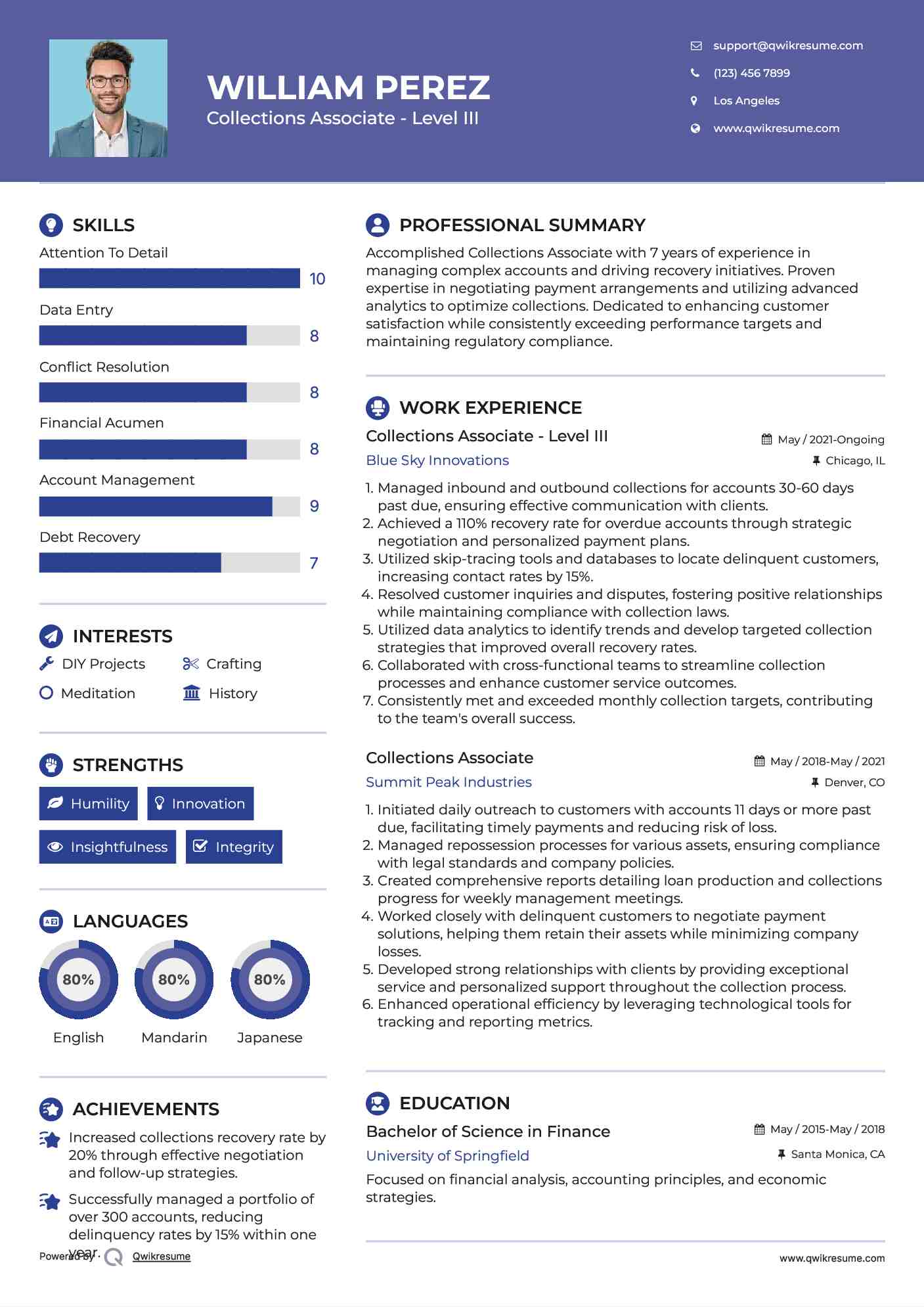 Collections Associate - Level III Resume Example