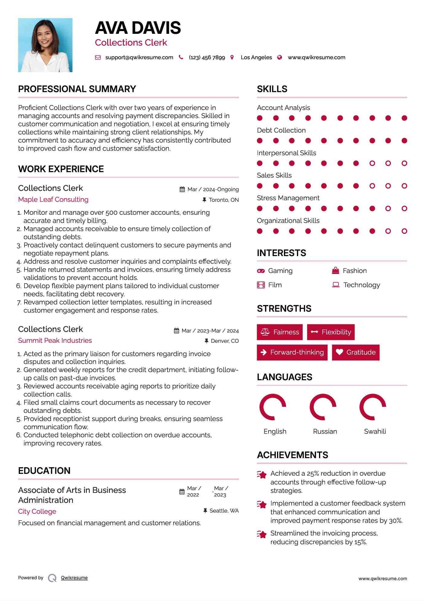 Collections Clerk Resume Template