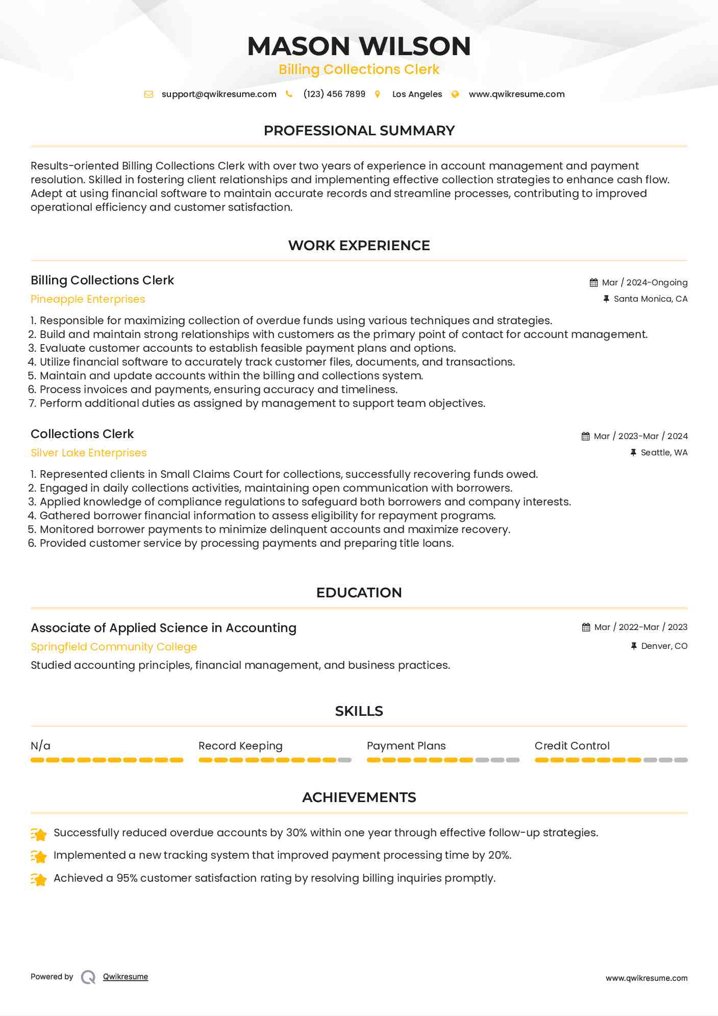Billing Collections Clerk Resume Example