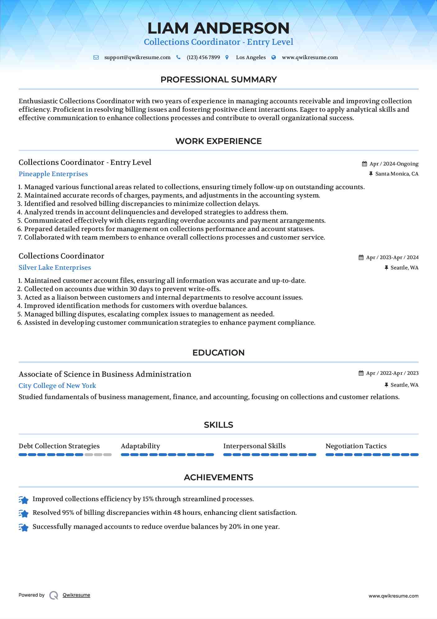 Collections Coordinator - Entry Level Resume Sample