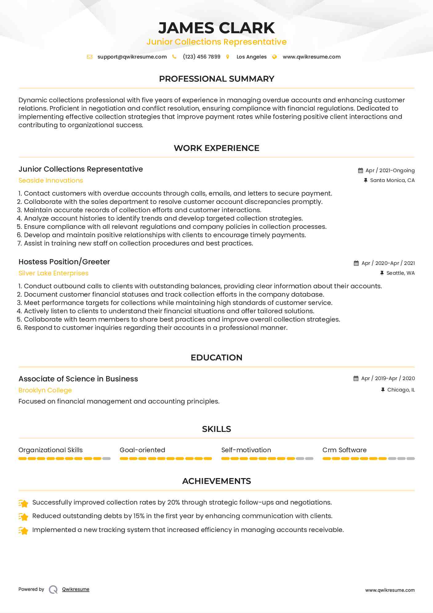Junior Collections Representative Resume Template