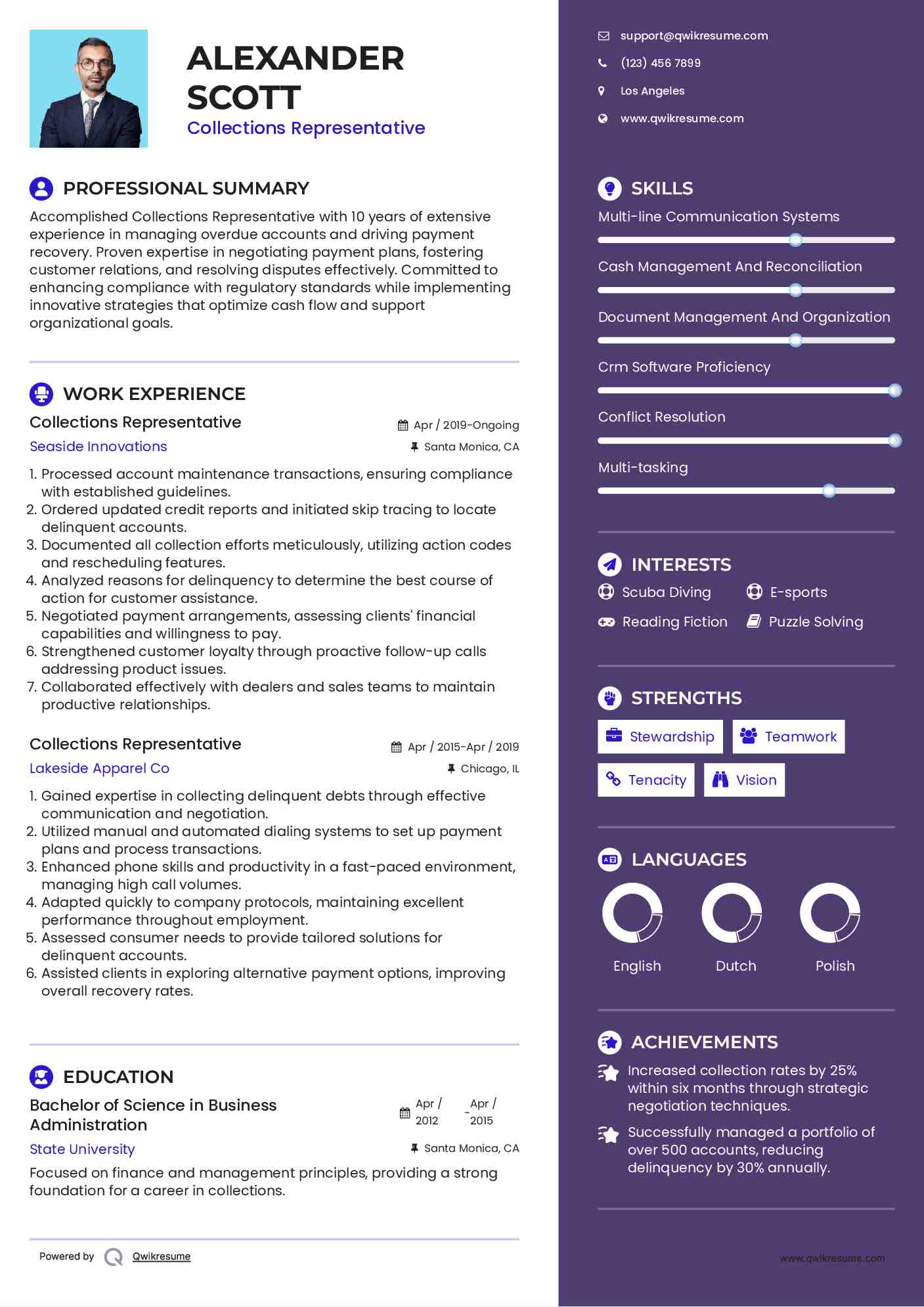 Collections Representative Resume Samples QwikResume