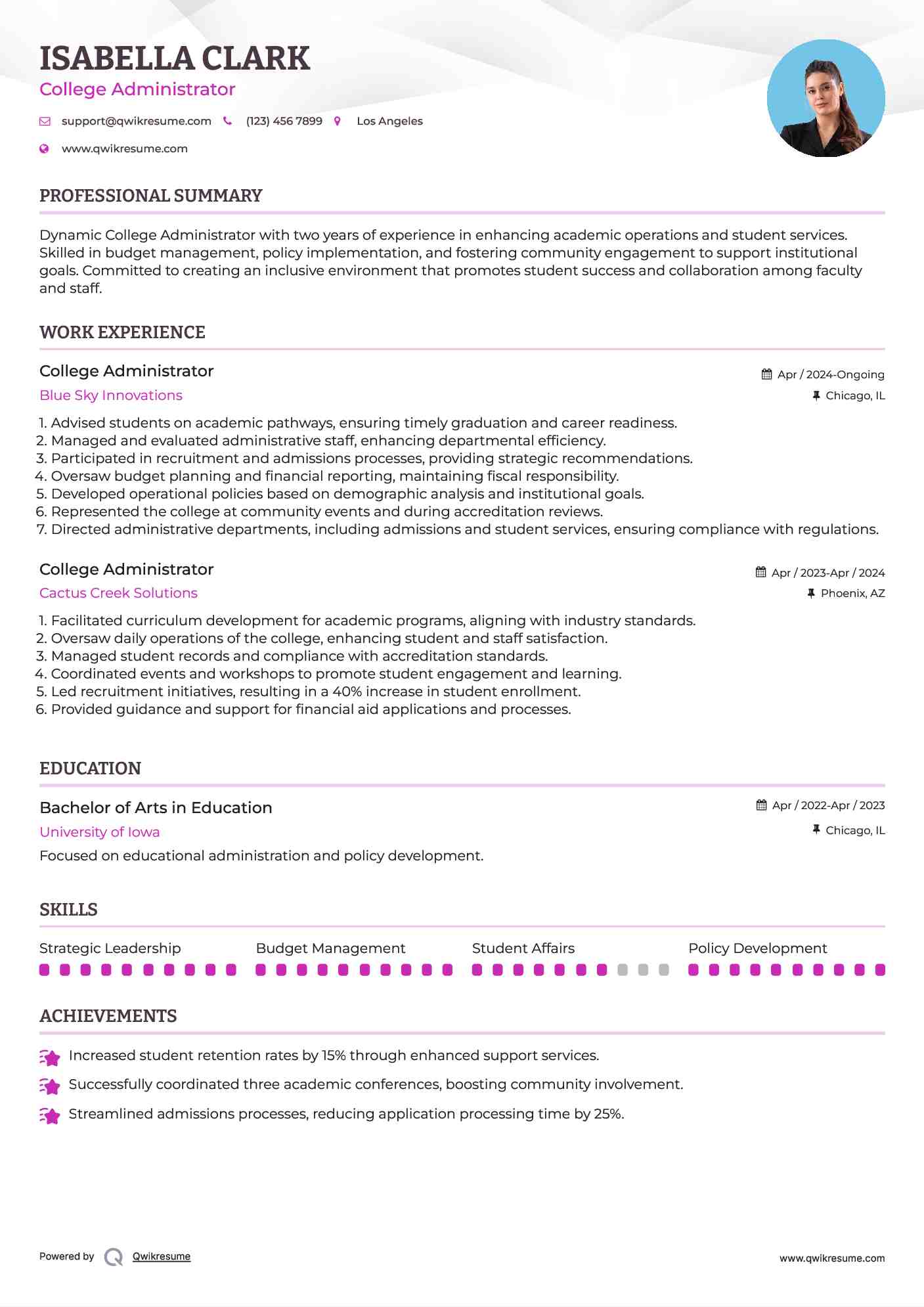 College Administrator Resume Sample