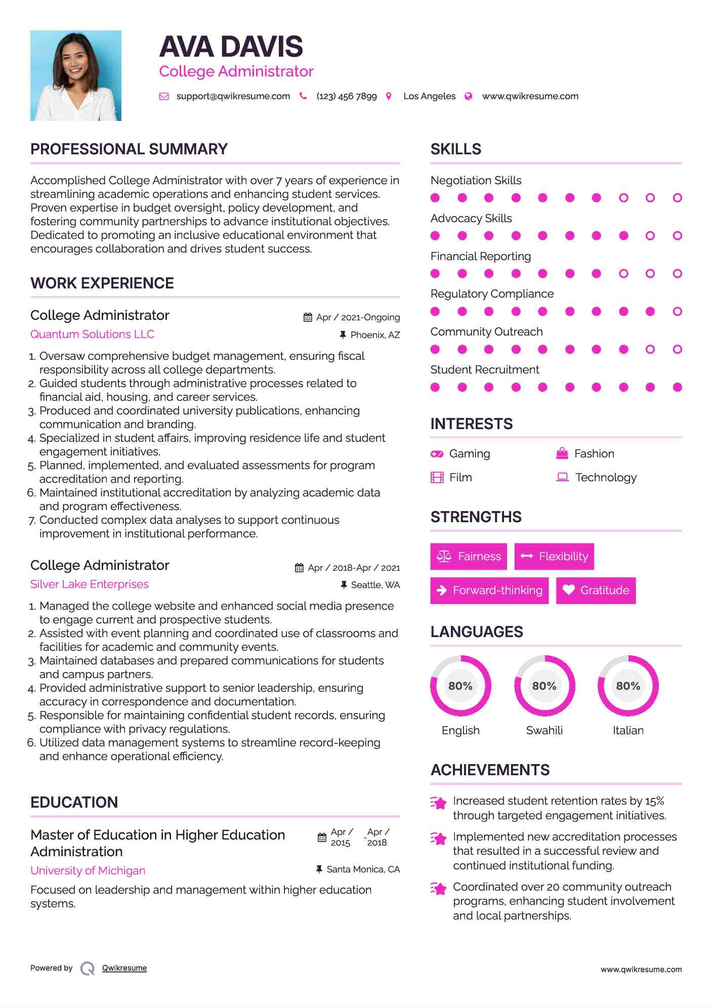 College Administrator Resume Format